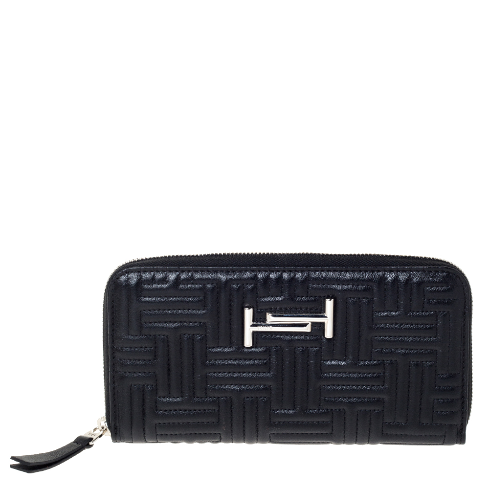 Image of Tod's Black Leather Zip Around Continental Wallet