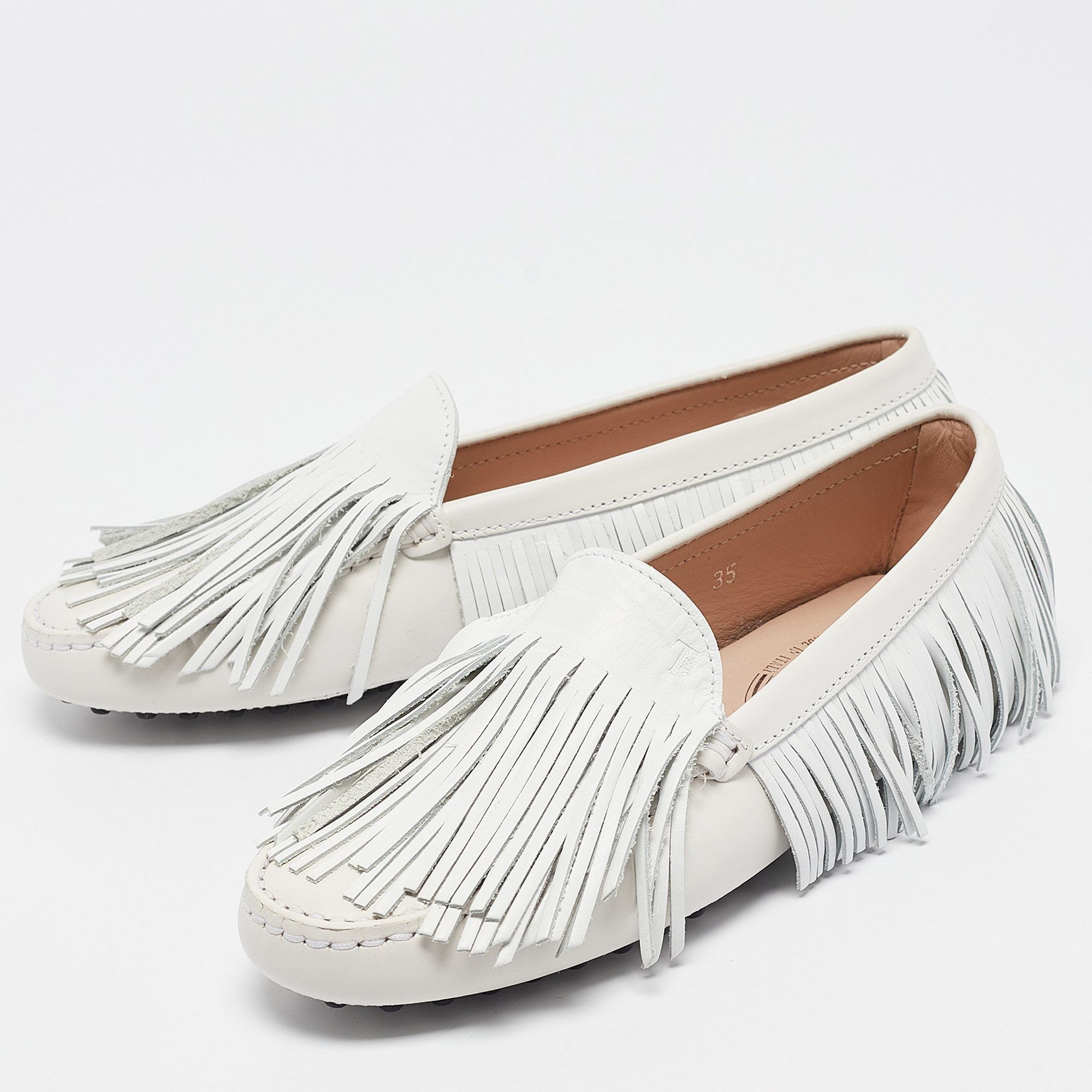 Tod's White Leather Fringed Loafers Size 35