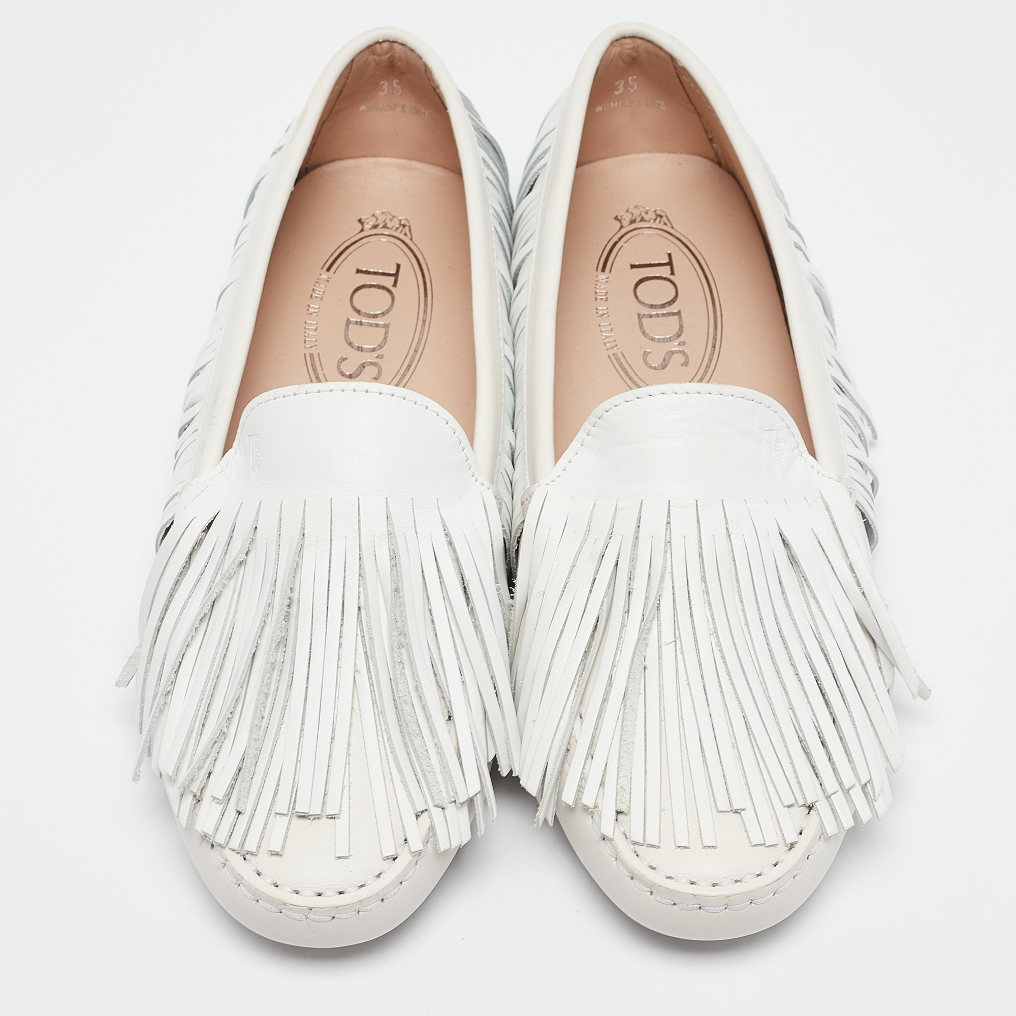 Tod's White Leather Fringed Loafers Size 35