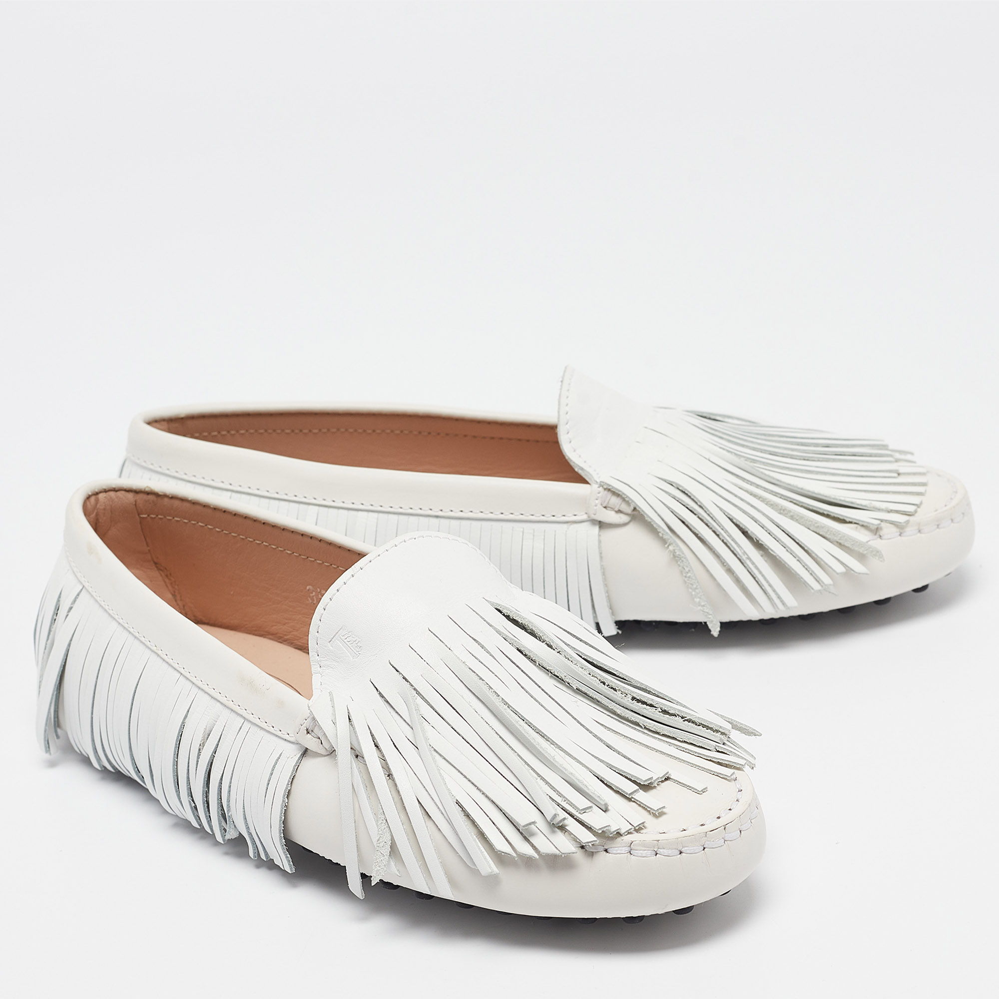 Tod's White Leather Fringed Loafers Size 35