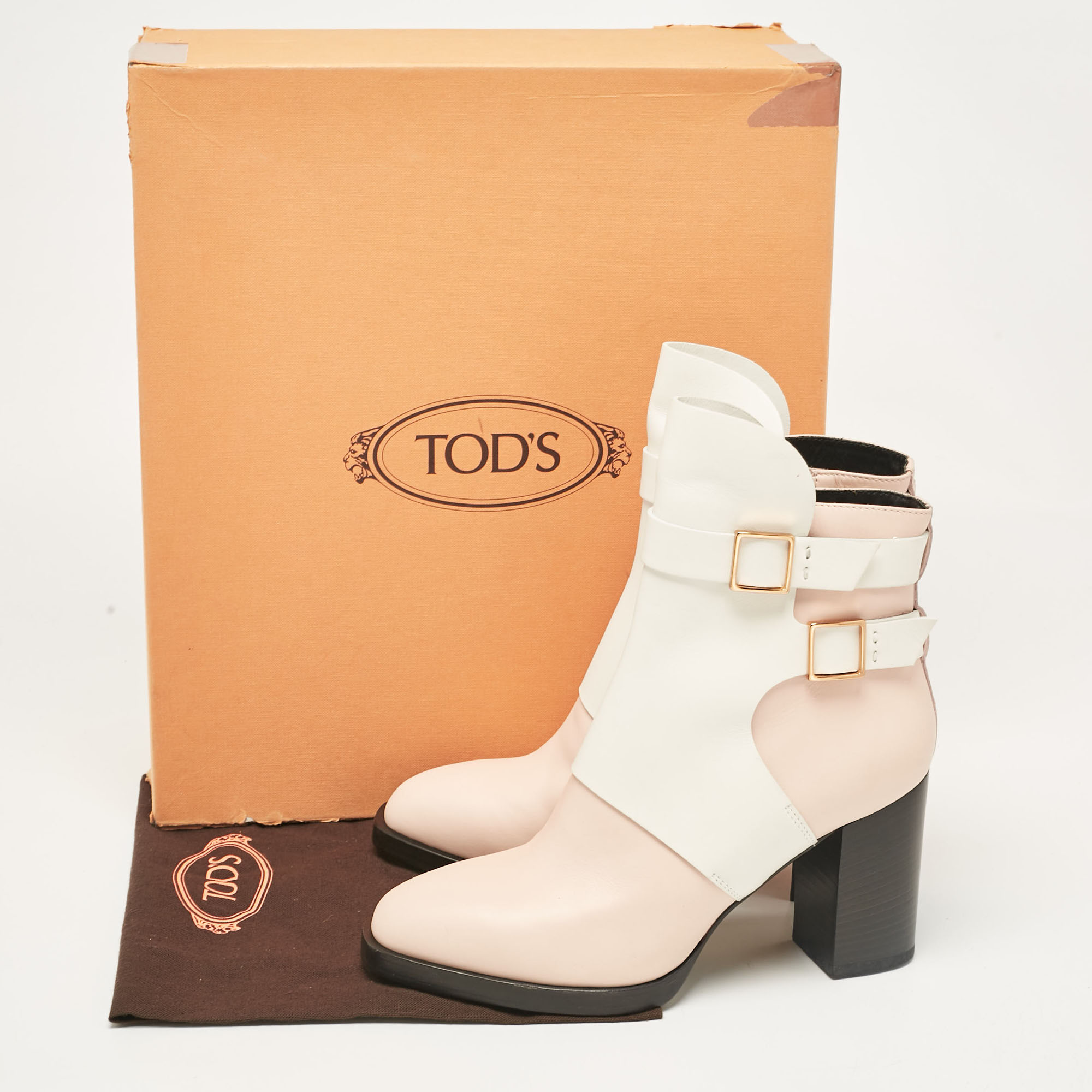 Tod's Pink/White Leather Block Heel Ankle Length Boots Size 38.5