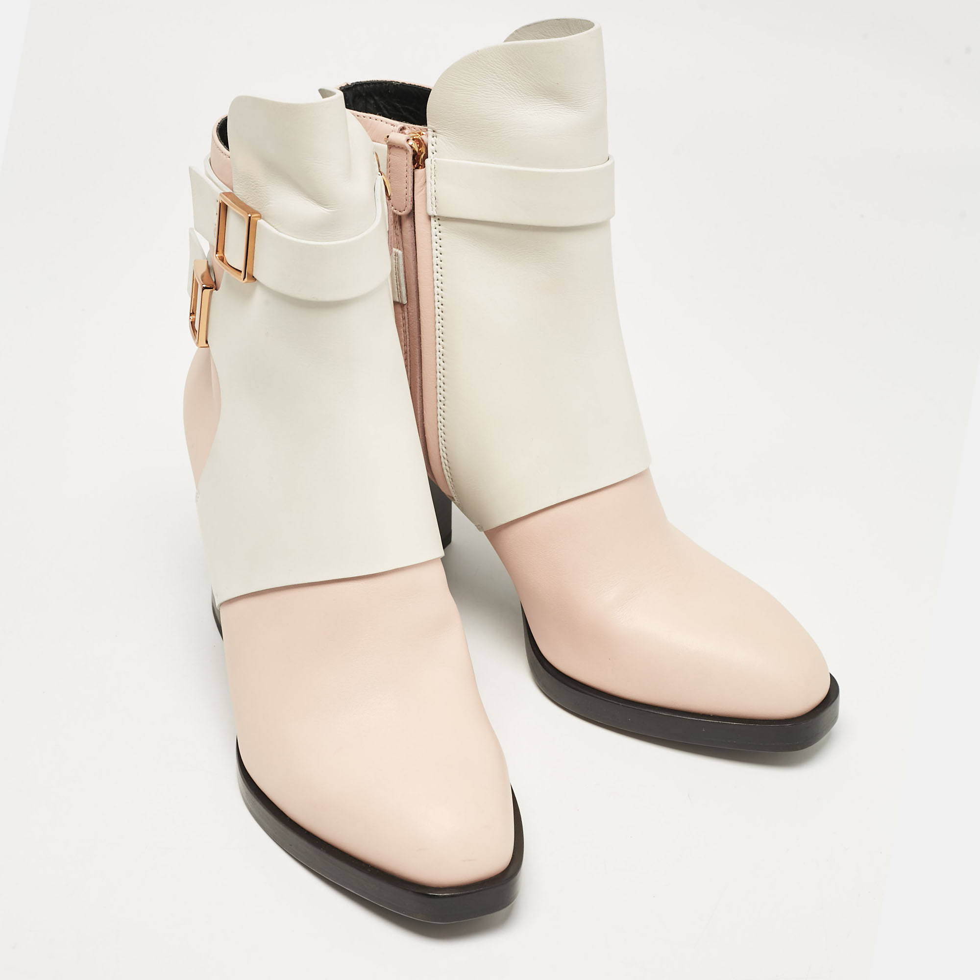 Tod's Pink/White Leather Block Heel Ankle Length Boots Size 38.5