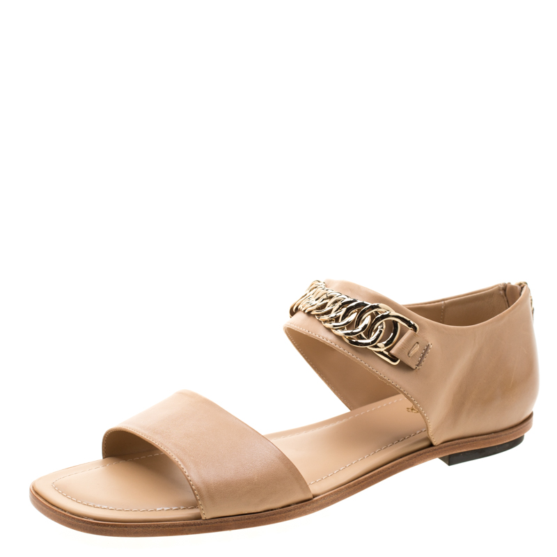 Image of Tod's Beige Leather Chain Link Strap Flat Sandals Size .