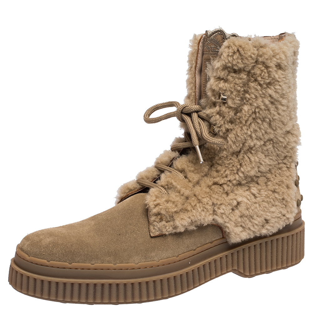 Image of Tod's Beige Suede Leather And Shearling Fur Ankle Boots Size .