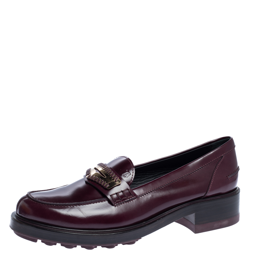 Image of Tod's Burgundy Glossy Leather Whip Stitch Detail Platform Penny Loafers Size