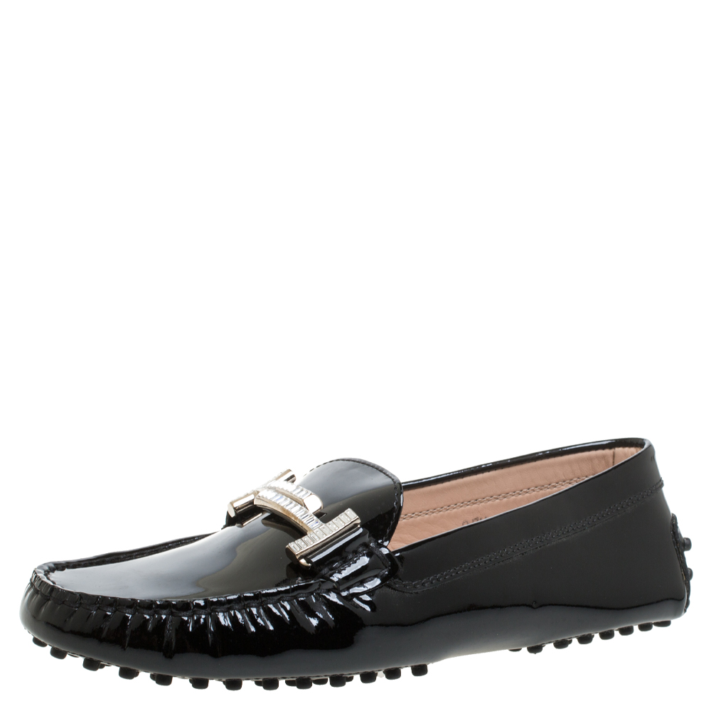 Image of Tod's Black Patent Leather Gommini Embellished Double T Slip On Loafers Size .