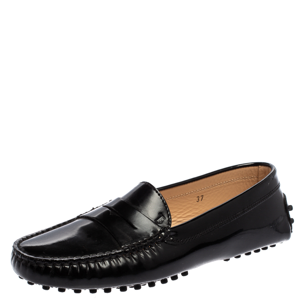 Image of Tod's Black Patent Leather Penny Slip On Loafers Size