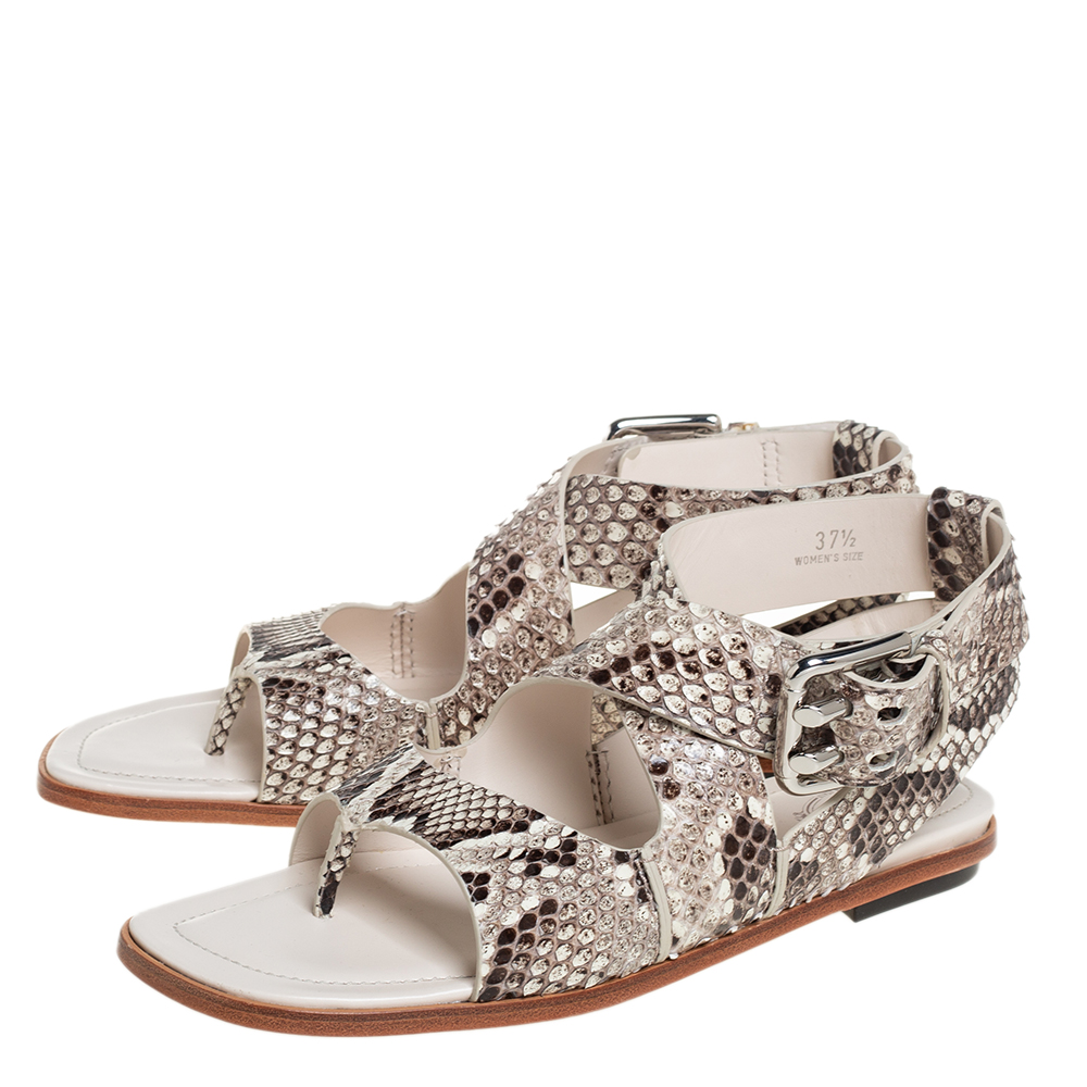Tod's Brown/Cream Python Leather Ankle Strap Flat Sandals Size 37.5