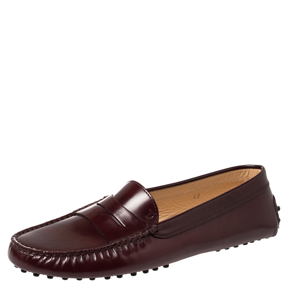 Tod's Burgundy Leather Penny Slip On Loafers Size 40