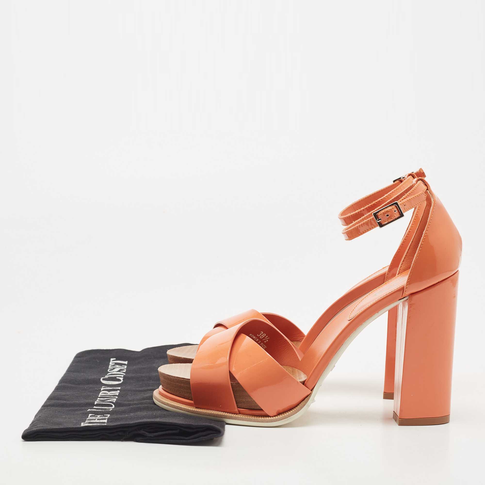 Tod's Light Orange Patent Leather Block Heel Ankle Strap Sandals Size 38.5