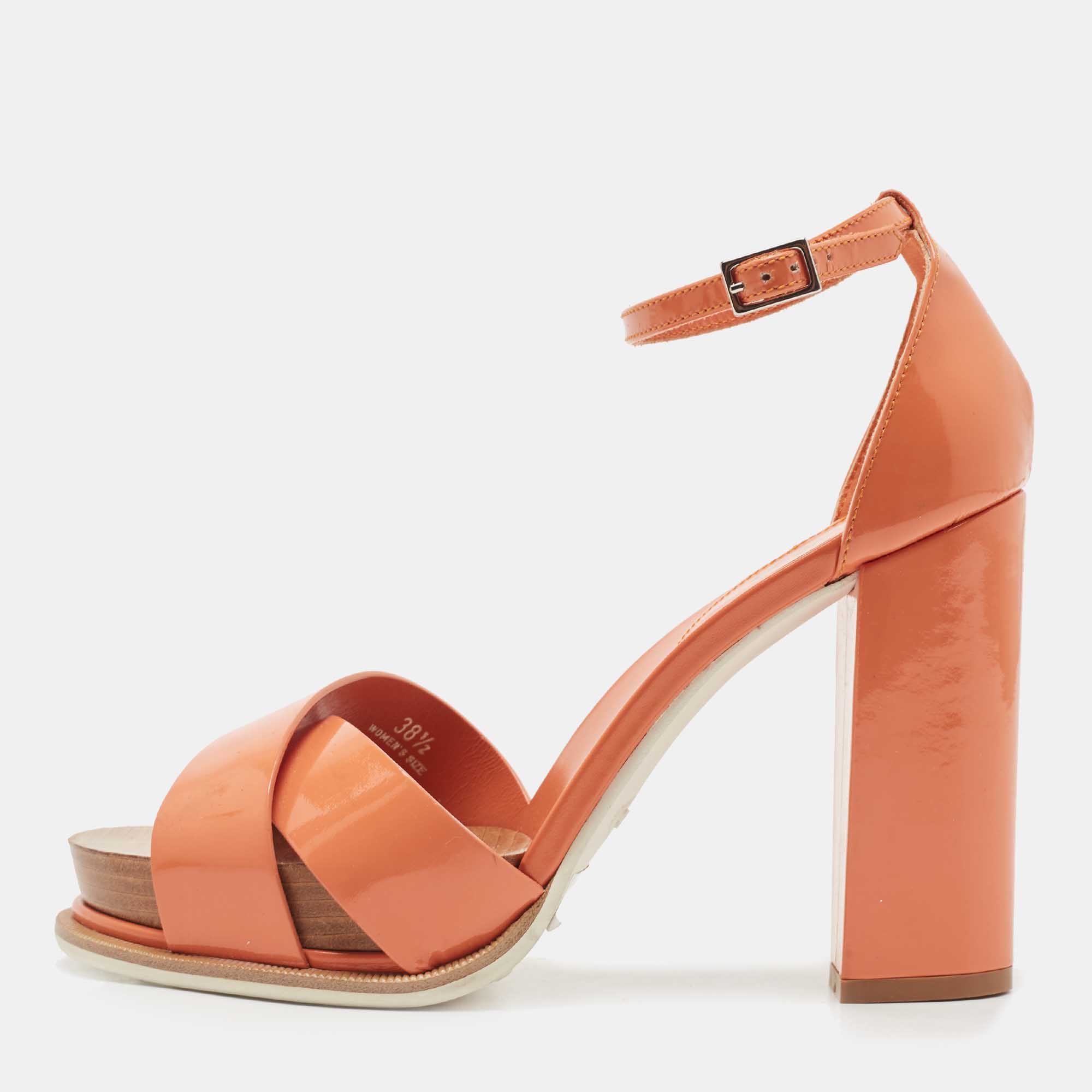 Tod's light orange patent leather block heel ankle strap sandals size 38.5
