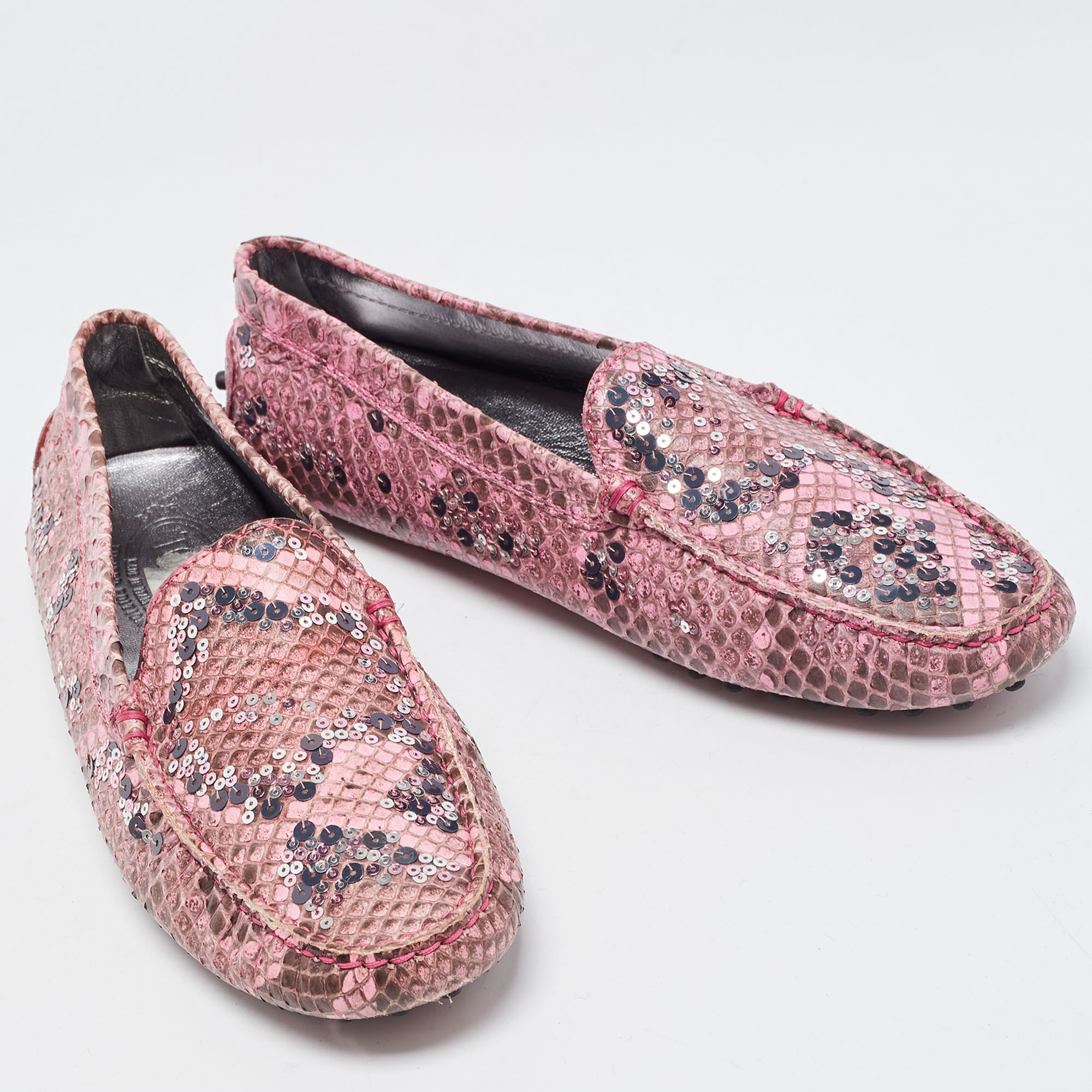 Tod's Pink Python Leather Embellished Loafers Size 37