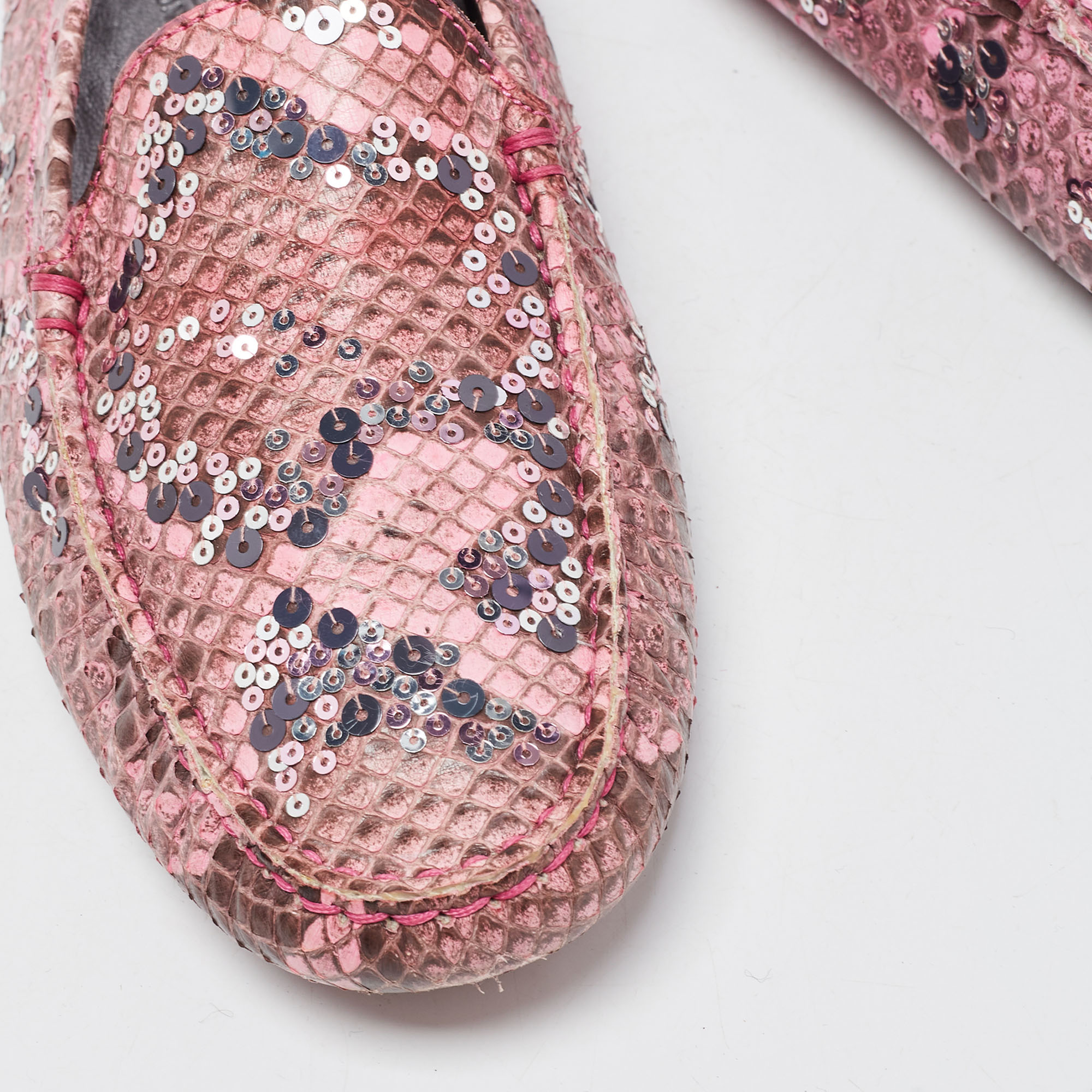 Tod's Pink Python Leather Embellished Loafers Size 37