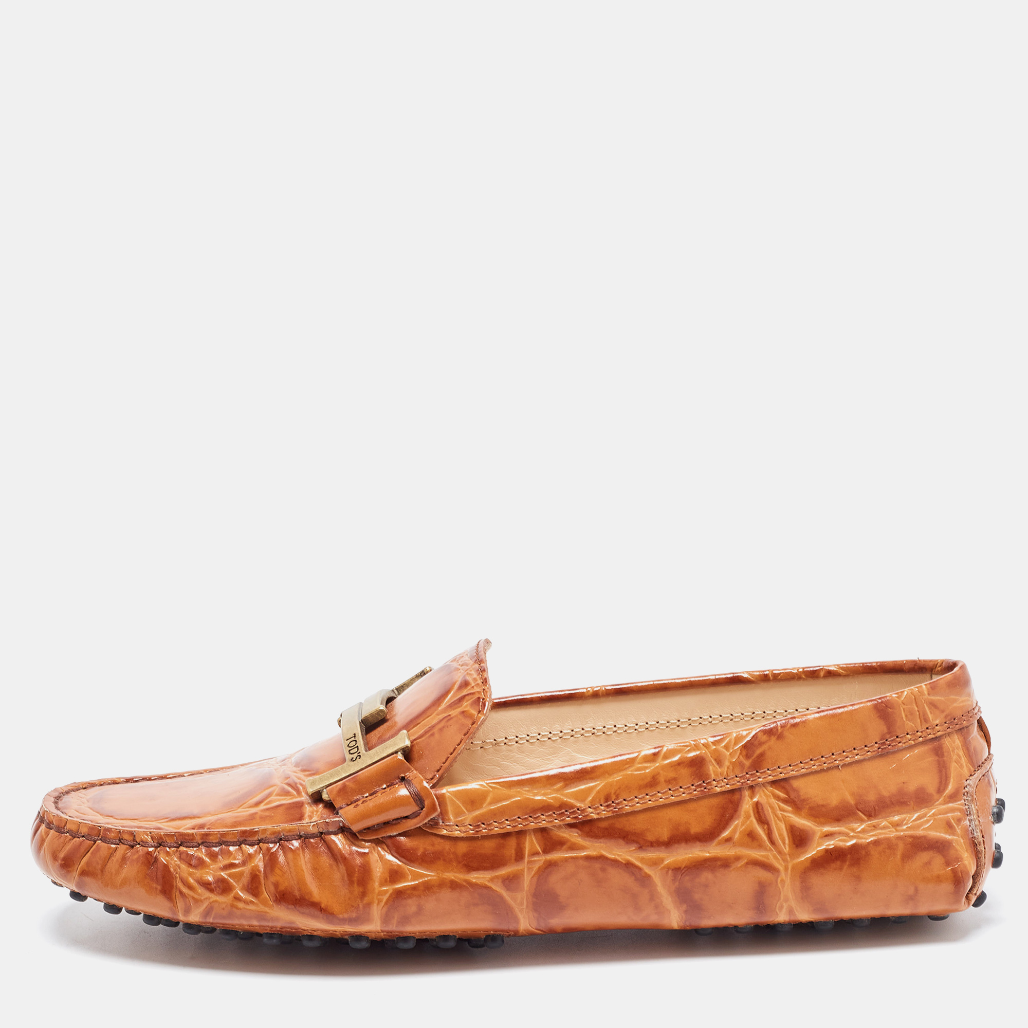 Tod's Brown Crocodile Embossed Leather Double T Slip On Loafers Size 39
