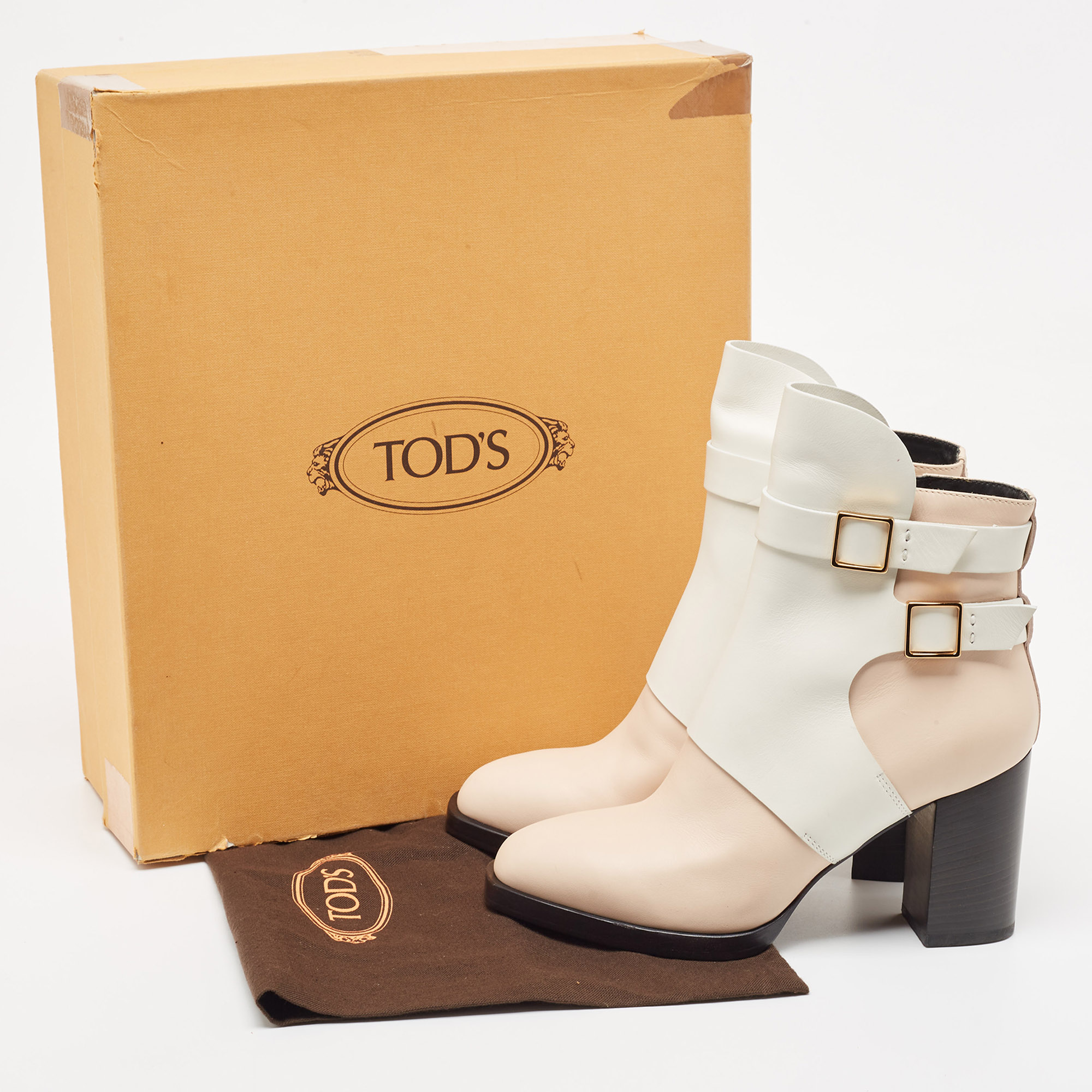 Tod's White/Beige Leather Buckle Detail Block Heel Ankle Boots Size 38.5