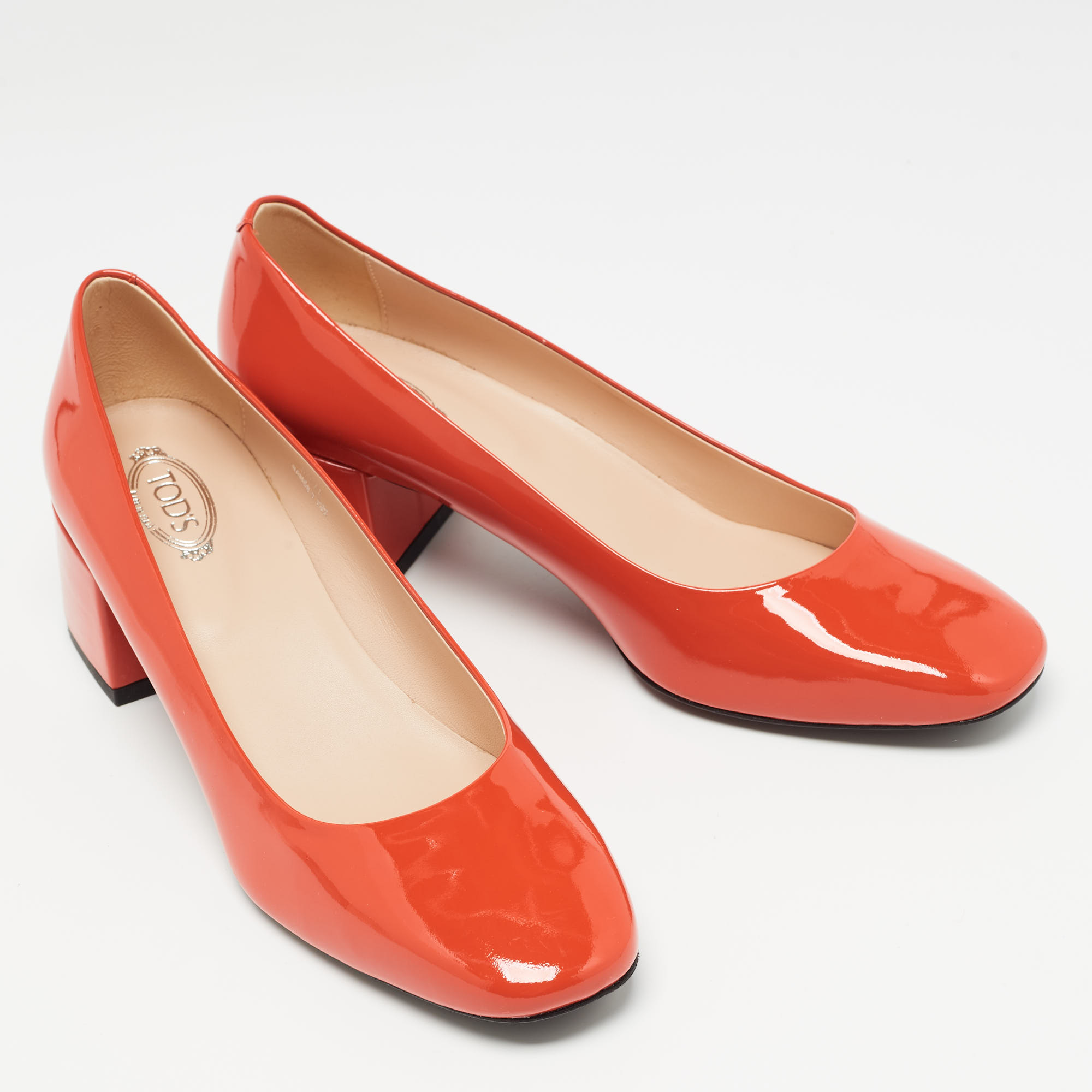 Tod's Orange Patent Leather Block Heel Pumps Size 38.5