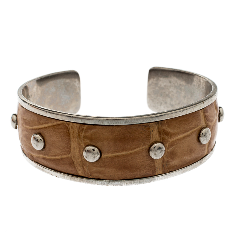 Tod's Tan Embossed Leather Studded Silver Tone Narrow Cuff Bracelet