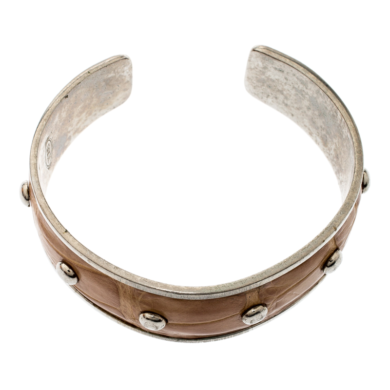 Tod's Tan Embossed Leather Studded Silver Tone Narrow Cuff Bracelet