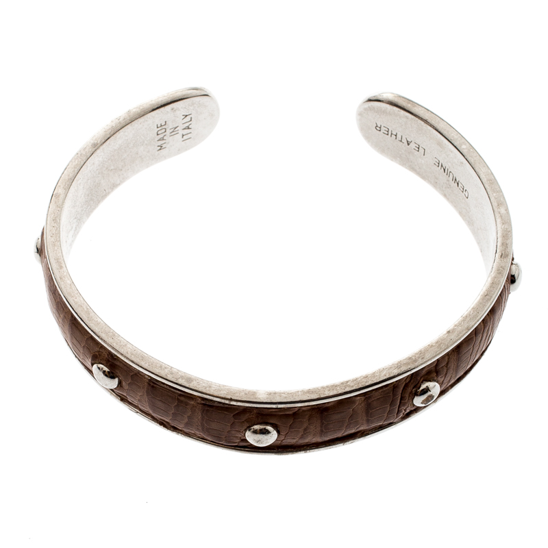 Tod's Brown Embossed Leather Silver Tone Studded Narrow Cuff