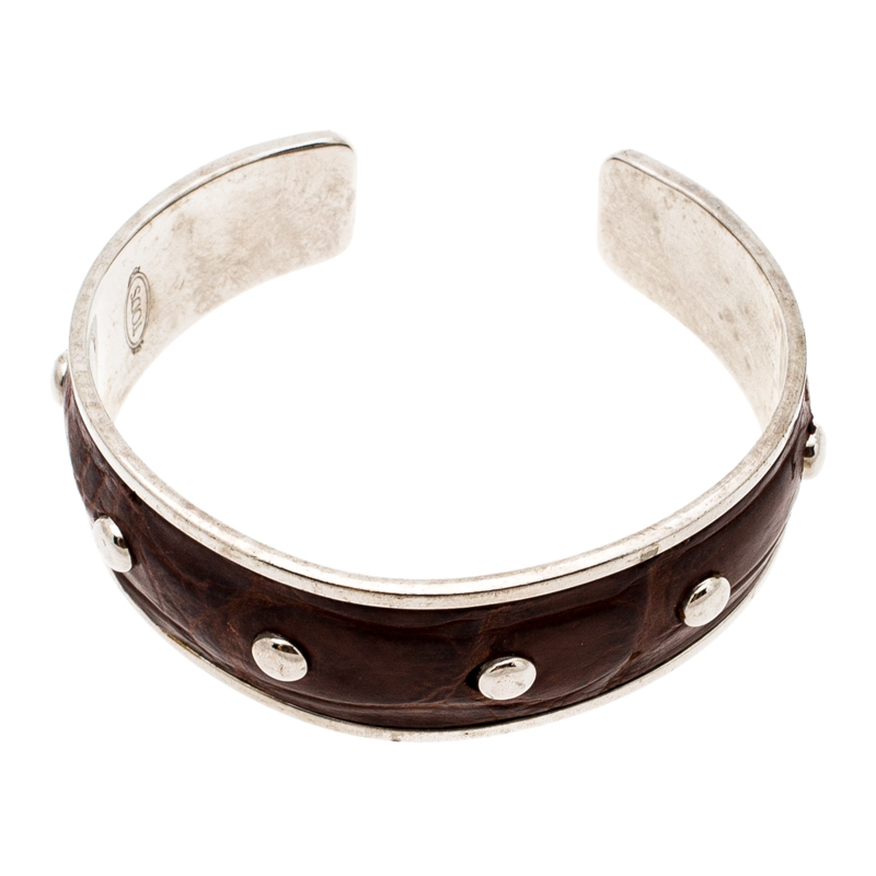 Tod's Dark Brown Embossed Leather Studded Silver Tone Narrow Cuff Bracelet