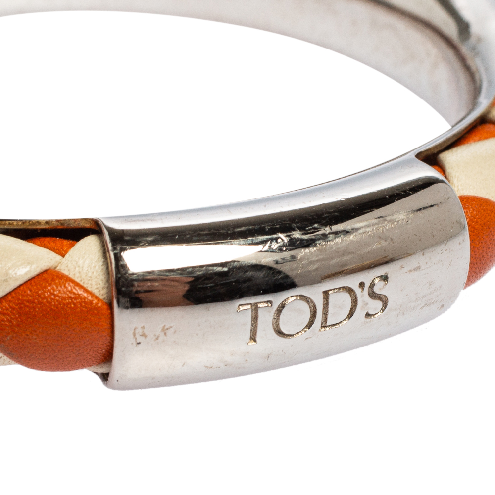 Tod's Woven Leather Silver Tone Bangle Bracelet