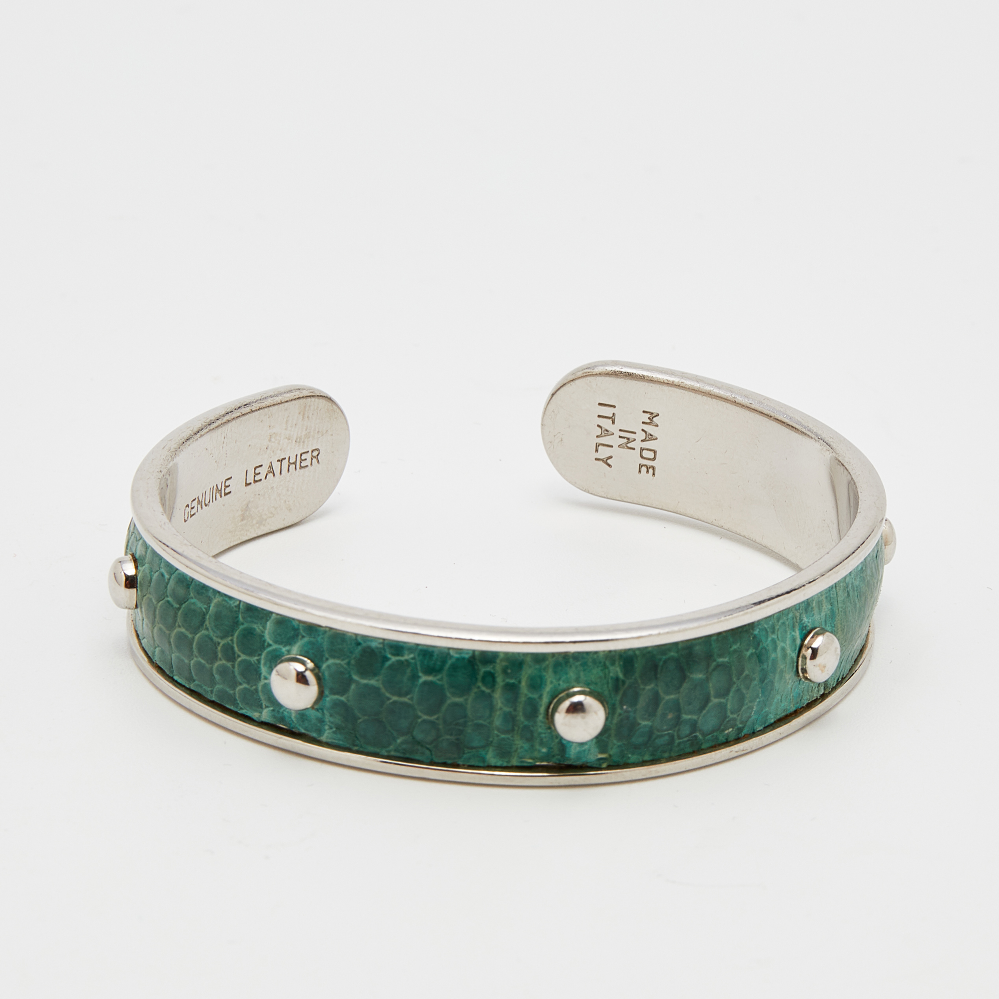 Tod's Silver Tone Green Embossed Leather Studded Narrow Cuff Bracelet