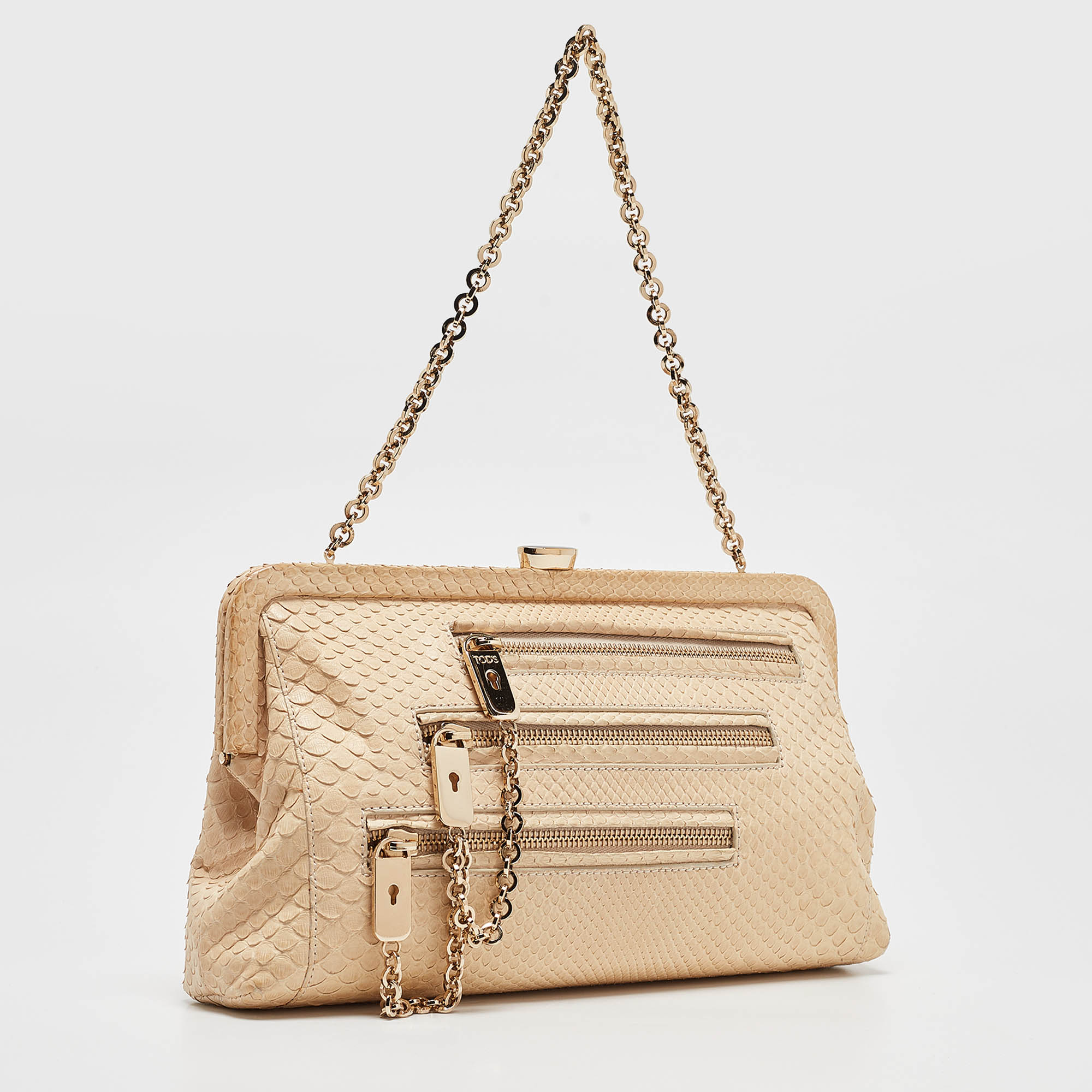 Tod's Light Beige Snake Triple Zip Chain Clutch