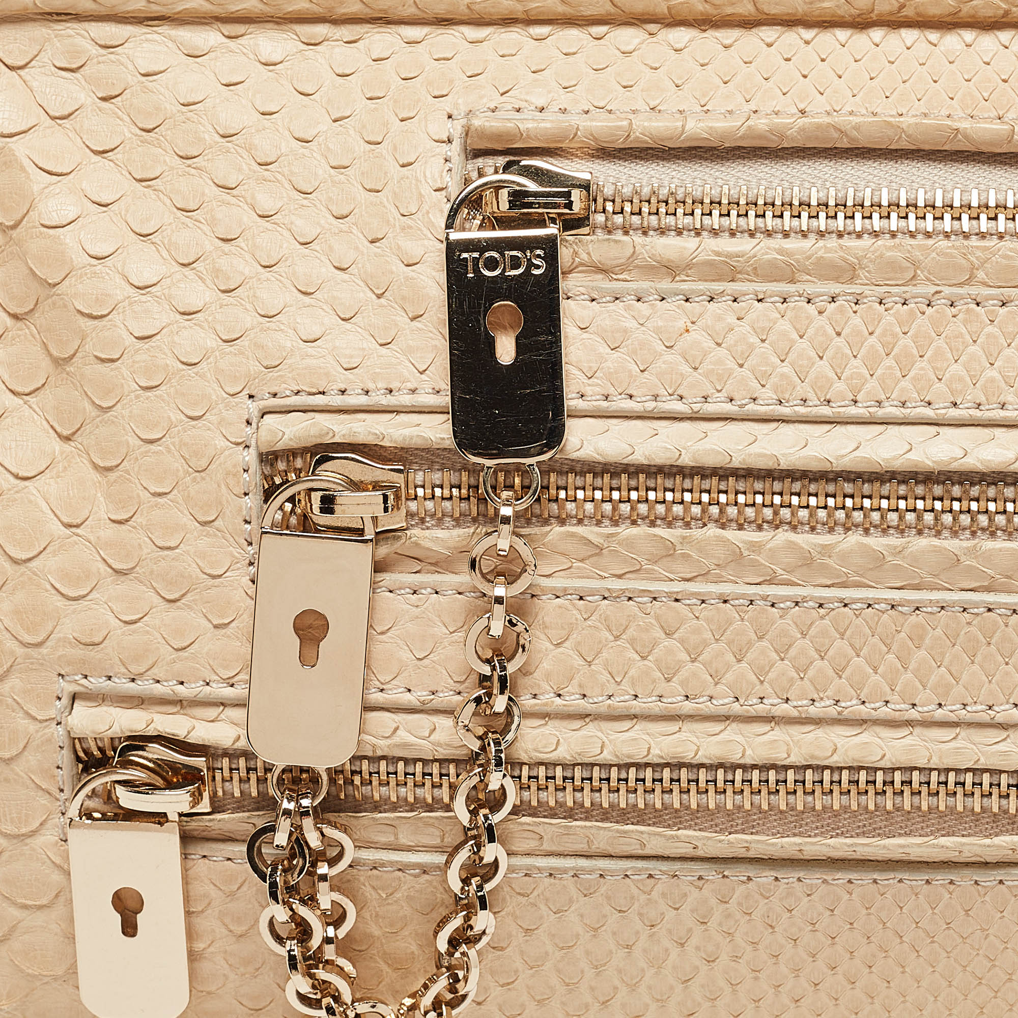 Tod's Light Beige Snake Triple Zip Chain Clutch