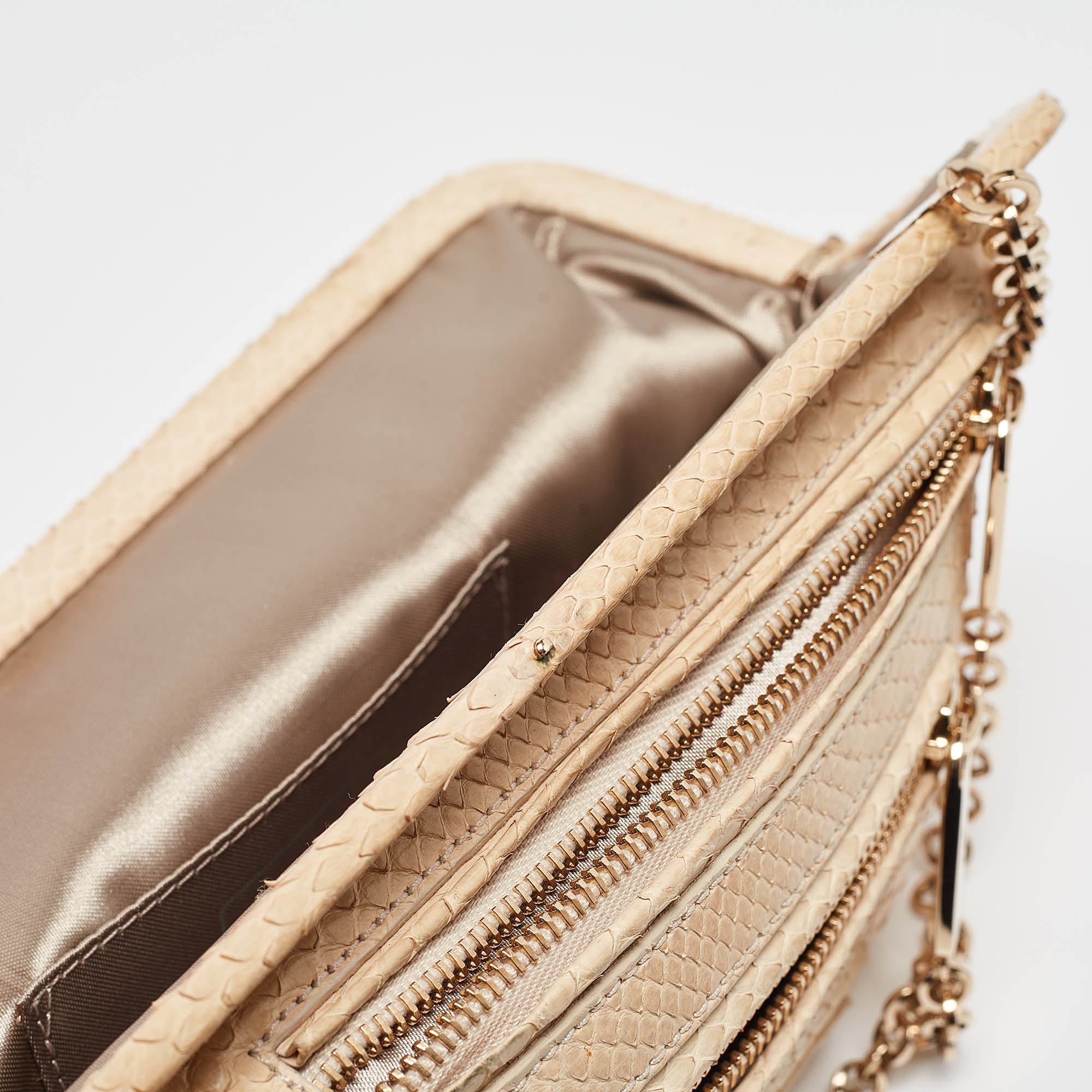 Tod's Light Beige Snake Triple Zip Chain Clutch