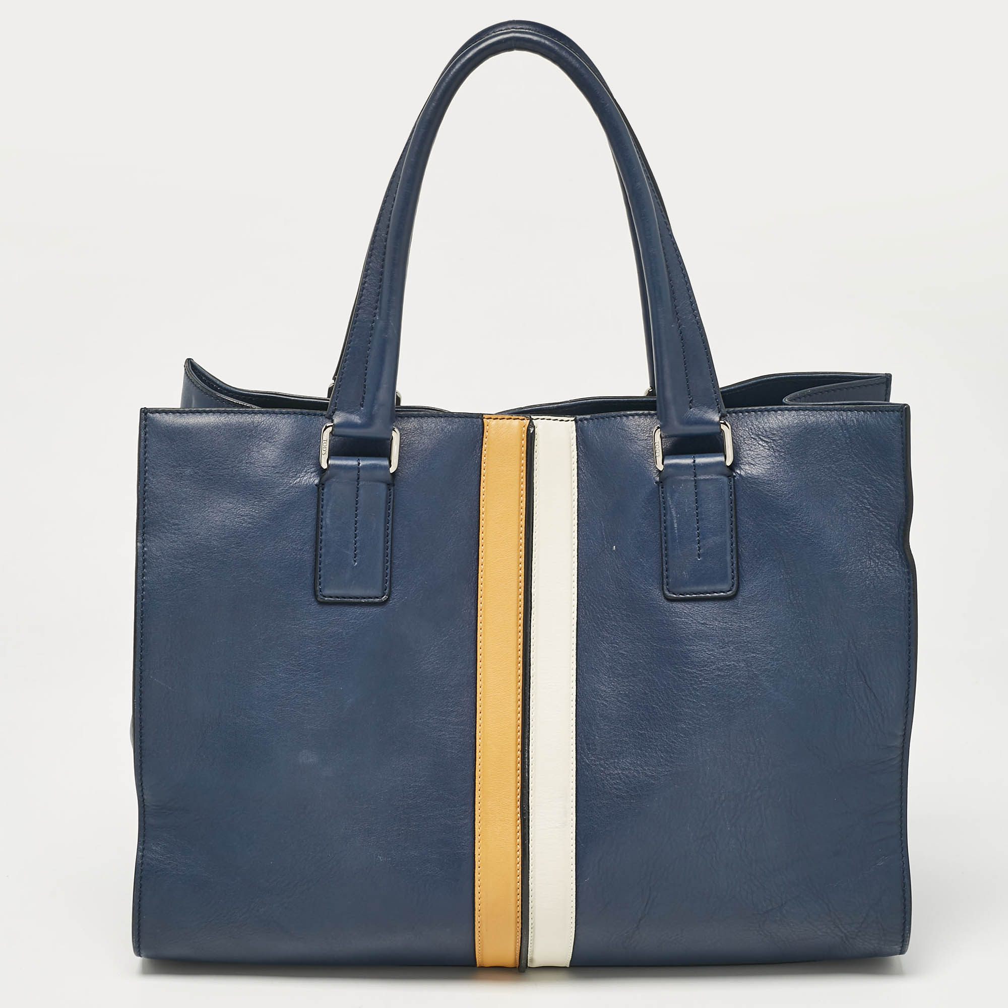 Tod's Navy Blue Leather Stripe Tote