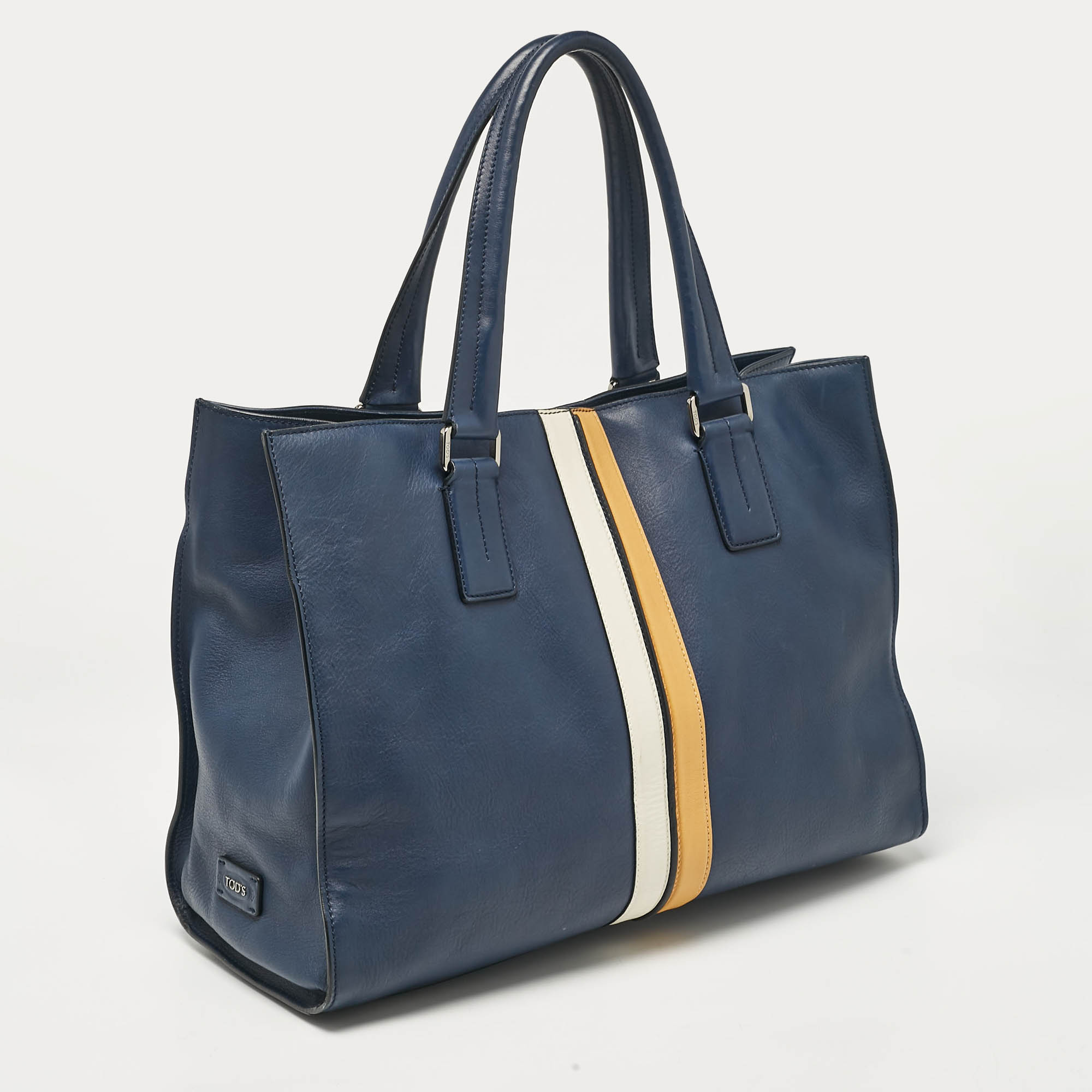 Tod's Navy Blue Leather Stripe Tote