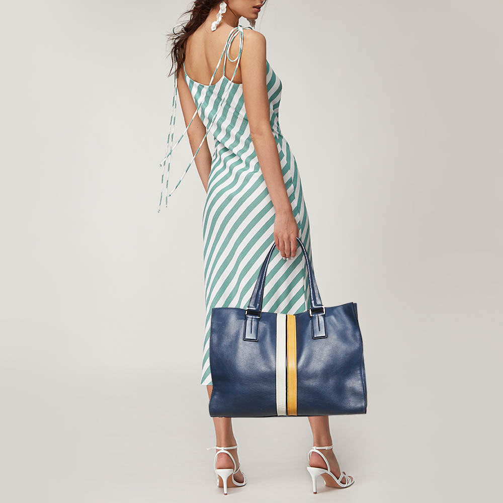 Tod's Navy Blue Leather Stripe Tote