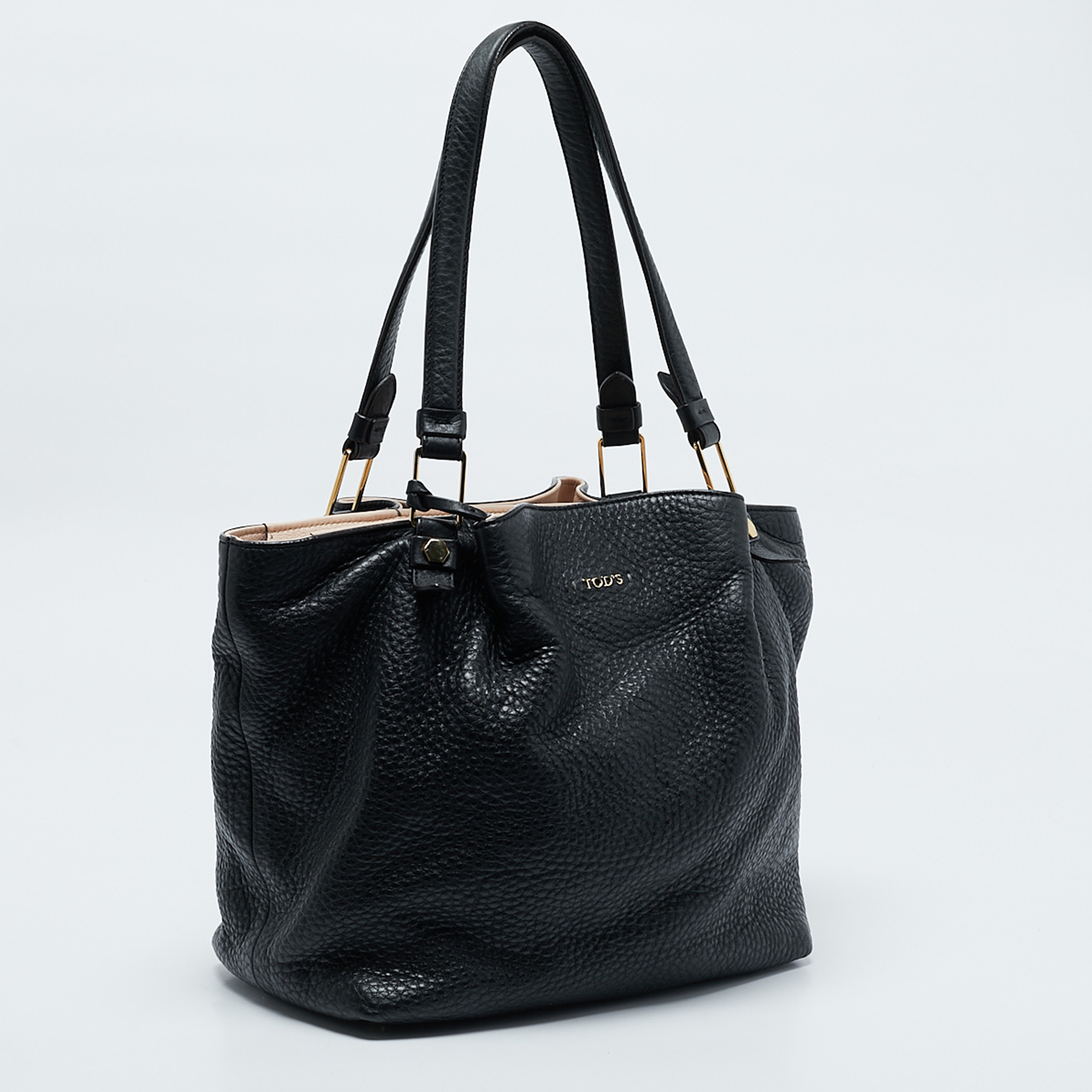 Tod's Black Pebbled Leather Flower Tote