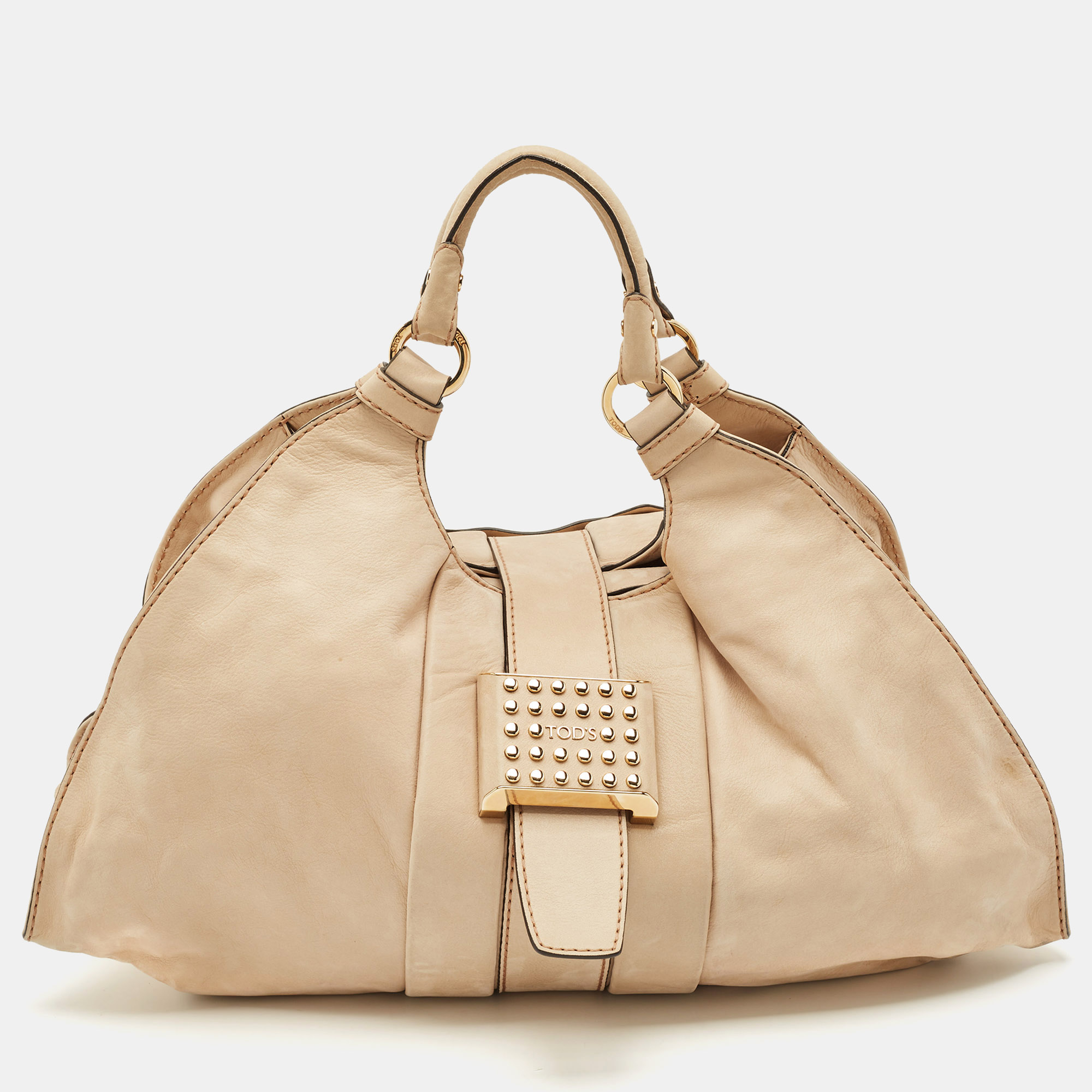 Tod's Beige Shimmer Nubuck Leather Studded Lock Flap Shoulder Bag
Tod's Beige Shimmer Nubuck Leather Studded Lock Flap Shoulder Bag
