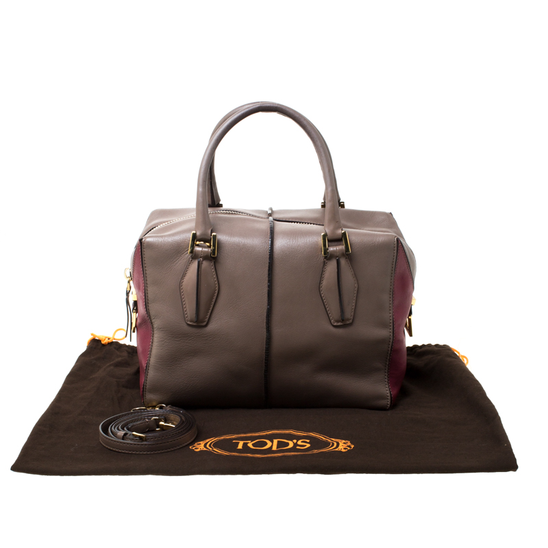 Tod's Taupe/Burgundy Leather D-Styling Medium Tote