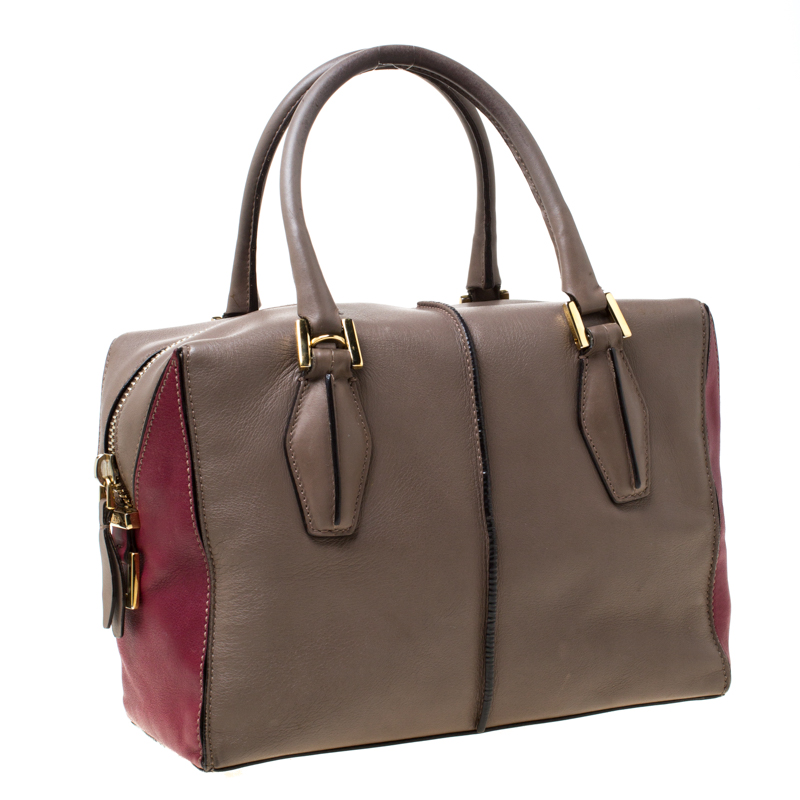 Tod's Taupe/Burgundy Leather D-Styling Medium Tote