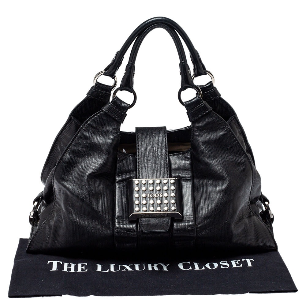 Tod's Black Leather Studded Lock Flap Shoulder Bag