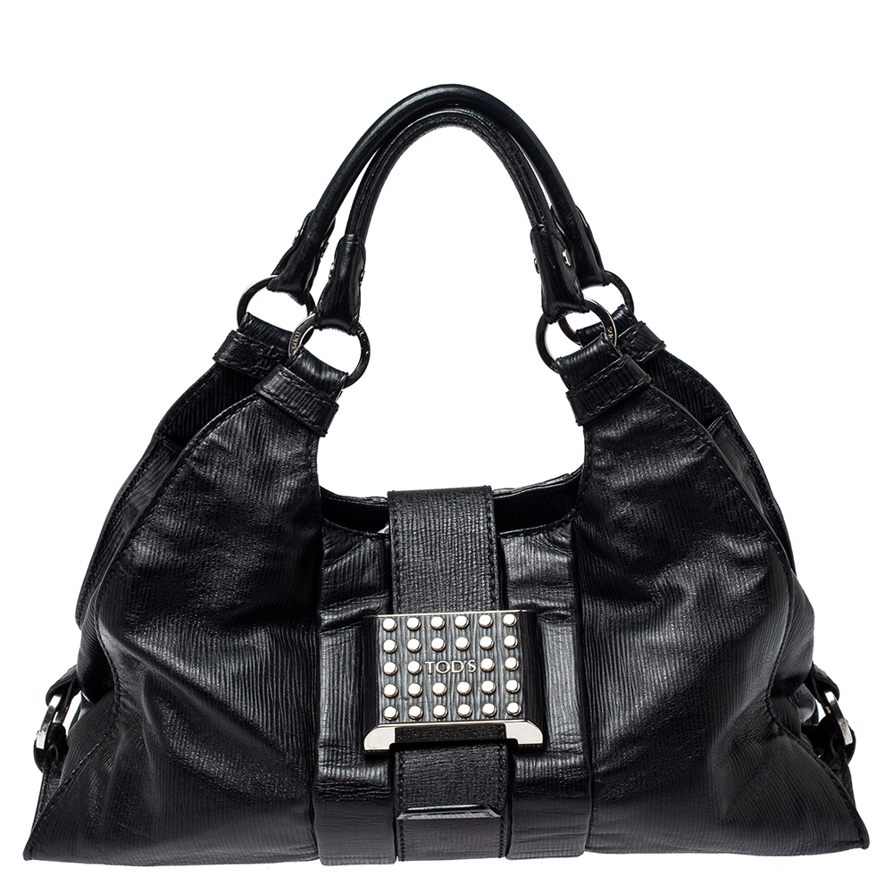 Tod's black leather studded lock flap shoulder bag
