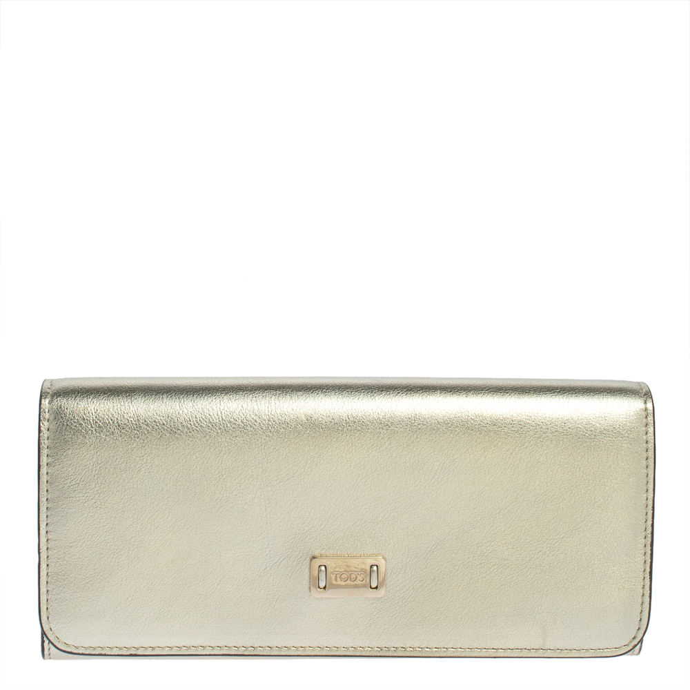 Tod's Metallic Gold Leather Plaque Logo Continental Flap Wallet