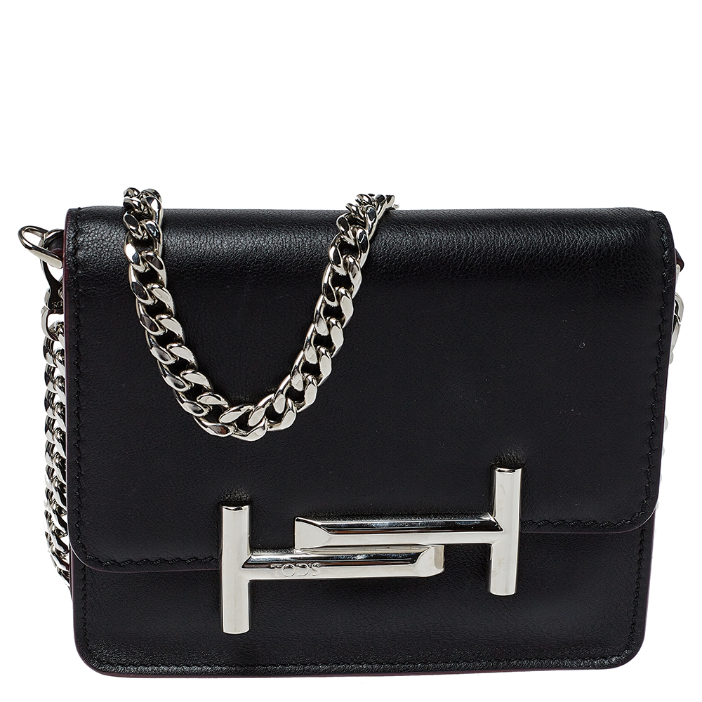 Tod's Black Leather Double T Chain Shoulder Bag