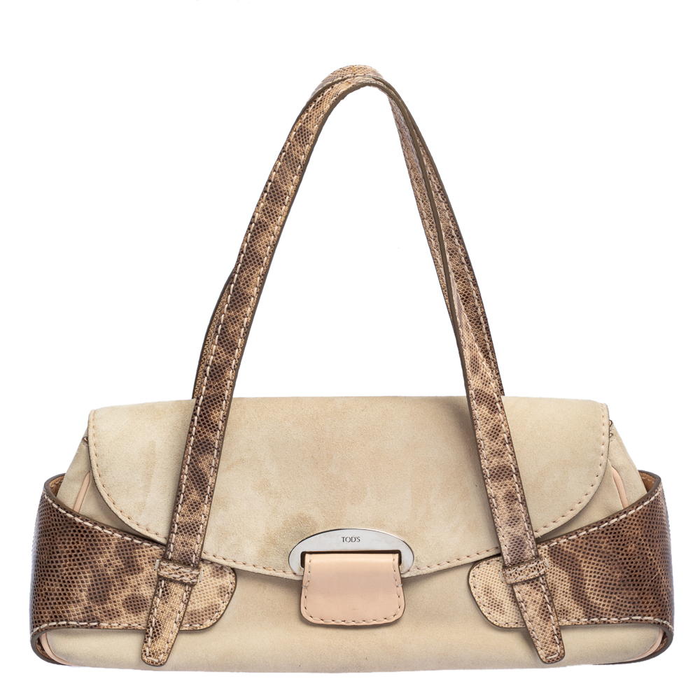 Tod's Beige Suede And Snakeskin Leather Baguette