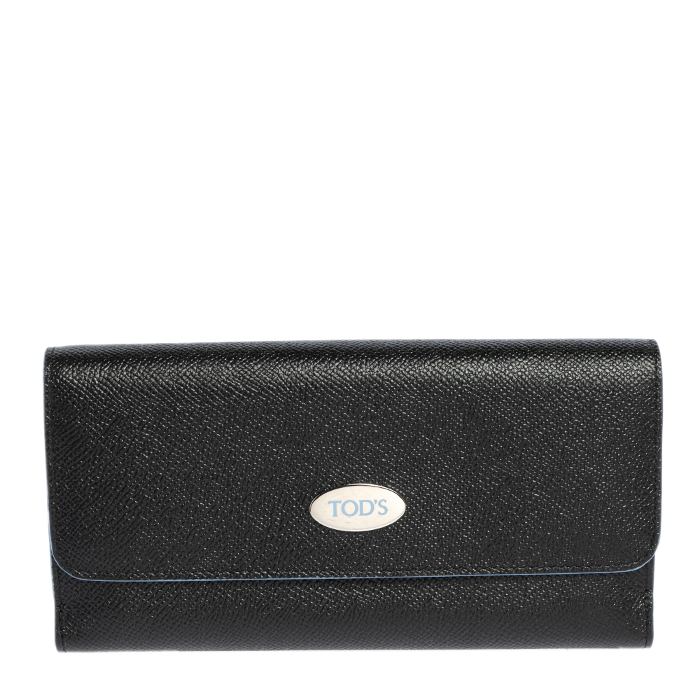 Tod's Black Leather Plaque Logo Continental Flap Wallet