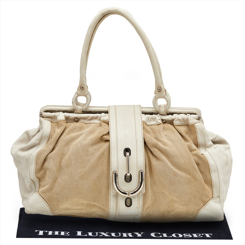 Tod's Beige/ Off White Leather And Canvas Satchel