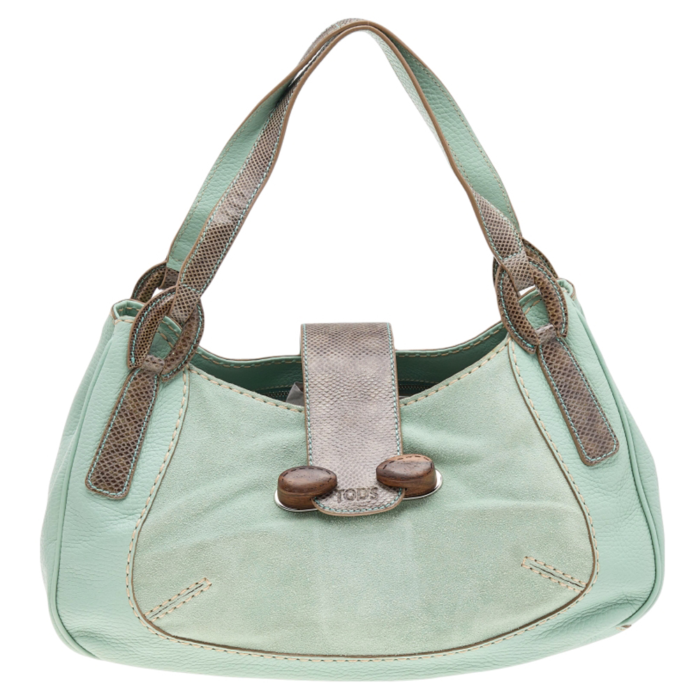 Tod's green/grey suede and lizard hobo