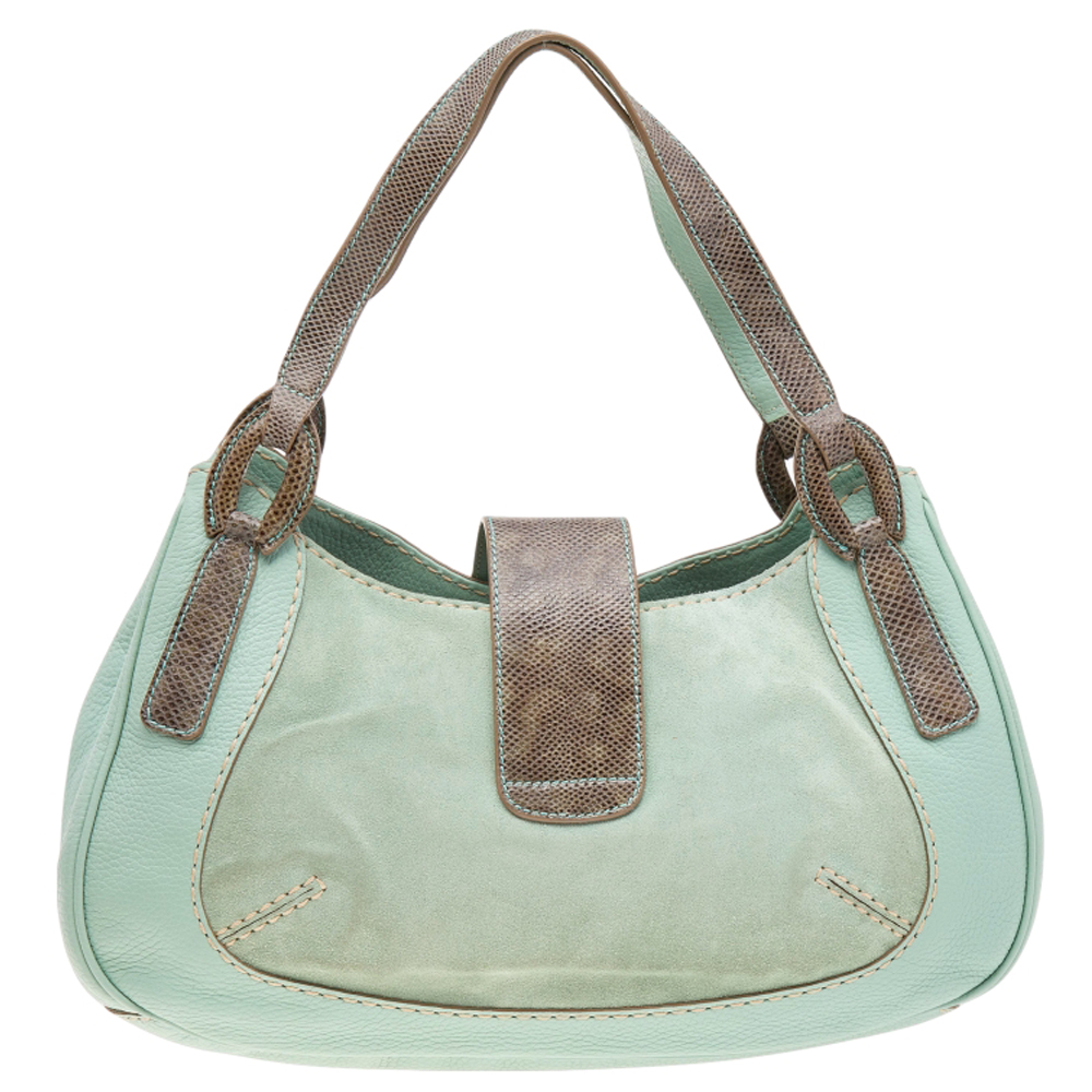 Tod's Green/Grey Suede And Lizard Hobo