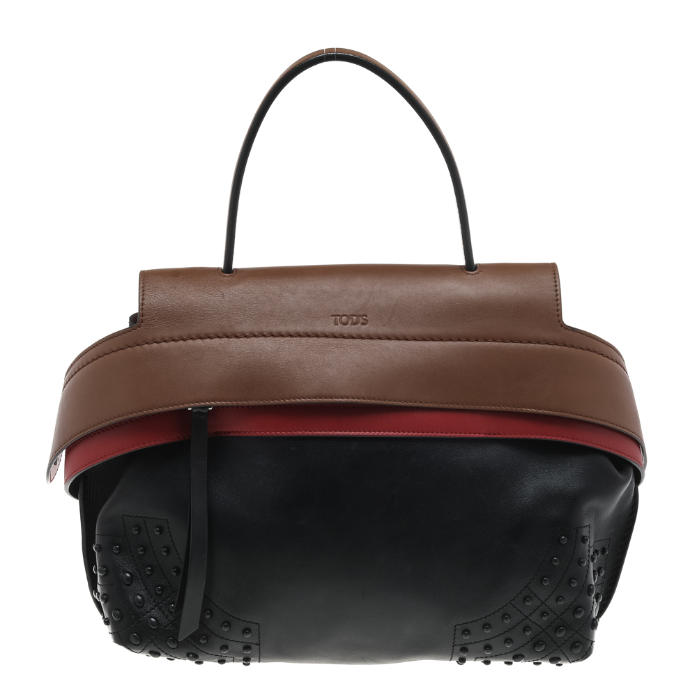 Tod's Black/Beige Leather Wave Top Handle Bag
