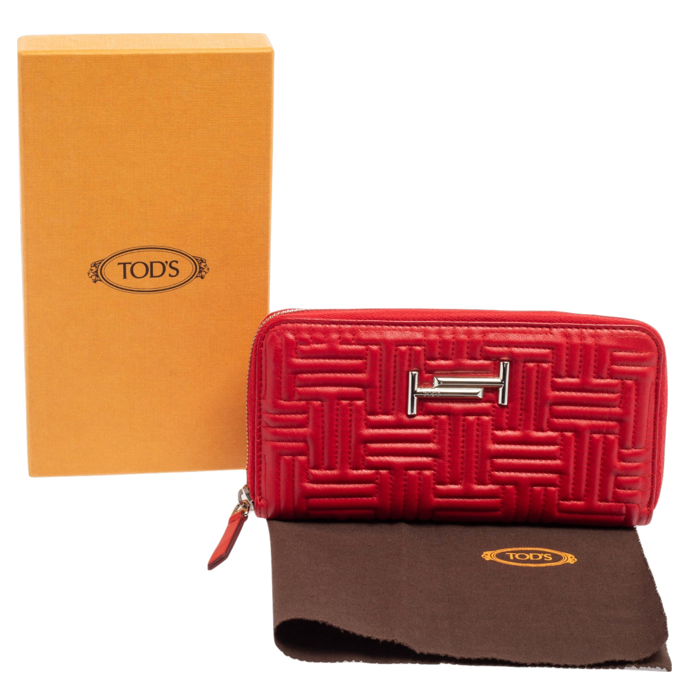 Tod's Red Leather Double T Zip Around Continental Wallet