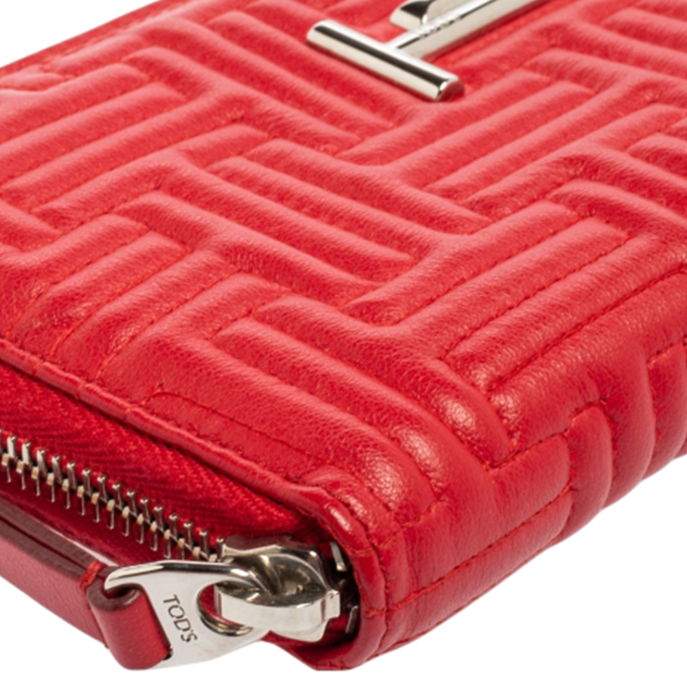 Tod's Red Leather Double T Zip Around Continental Wallet