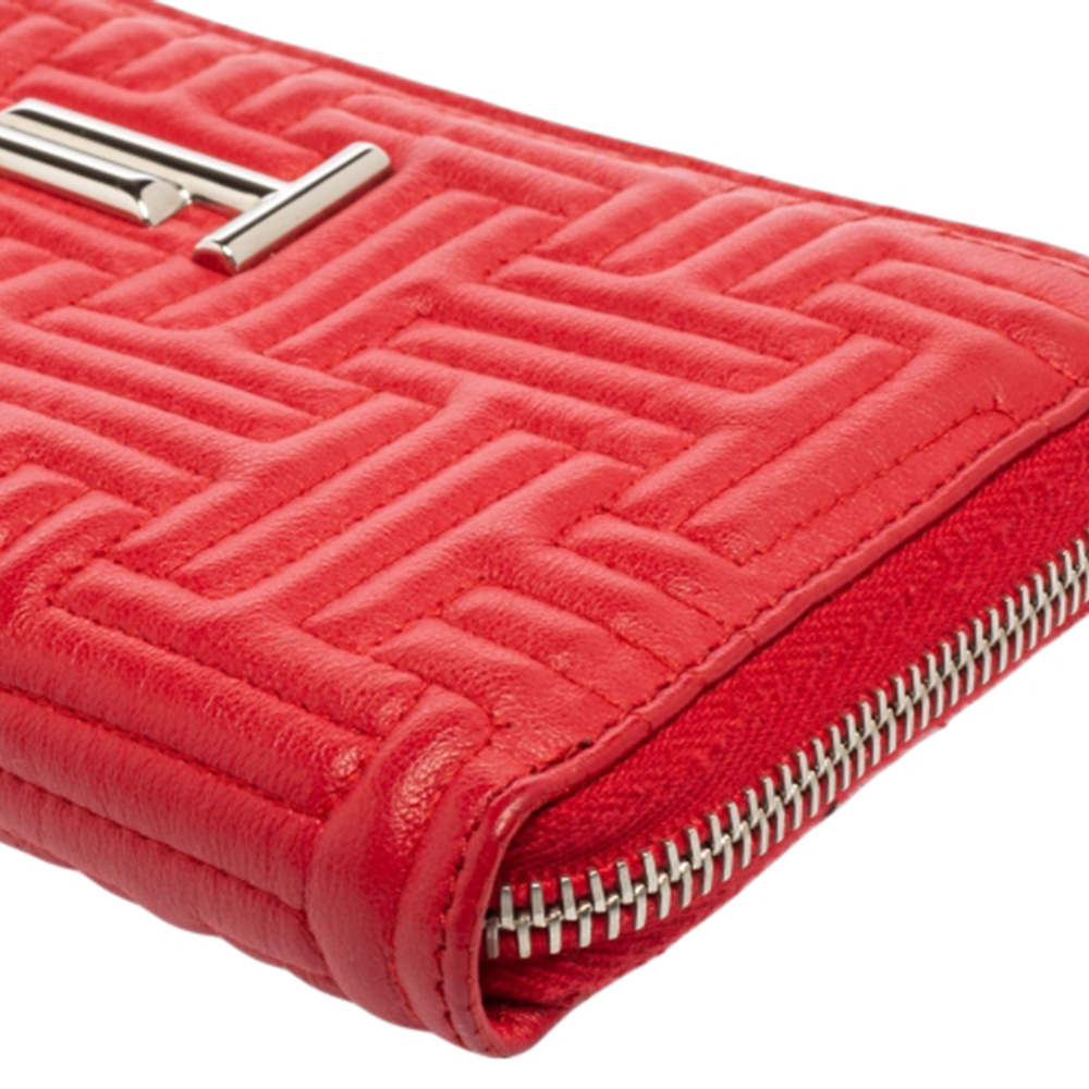 Tod's Red Leather Double T Zip Around Continental Wallet