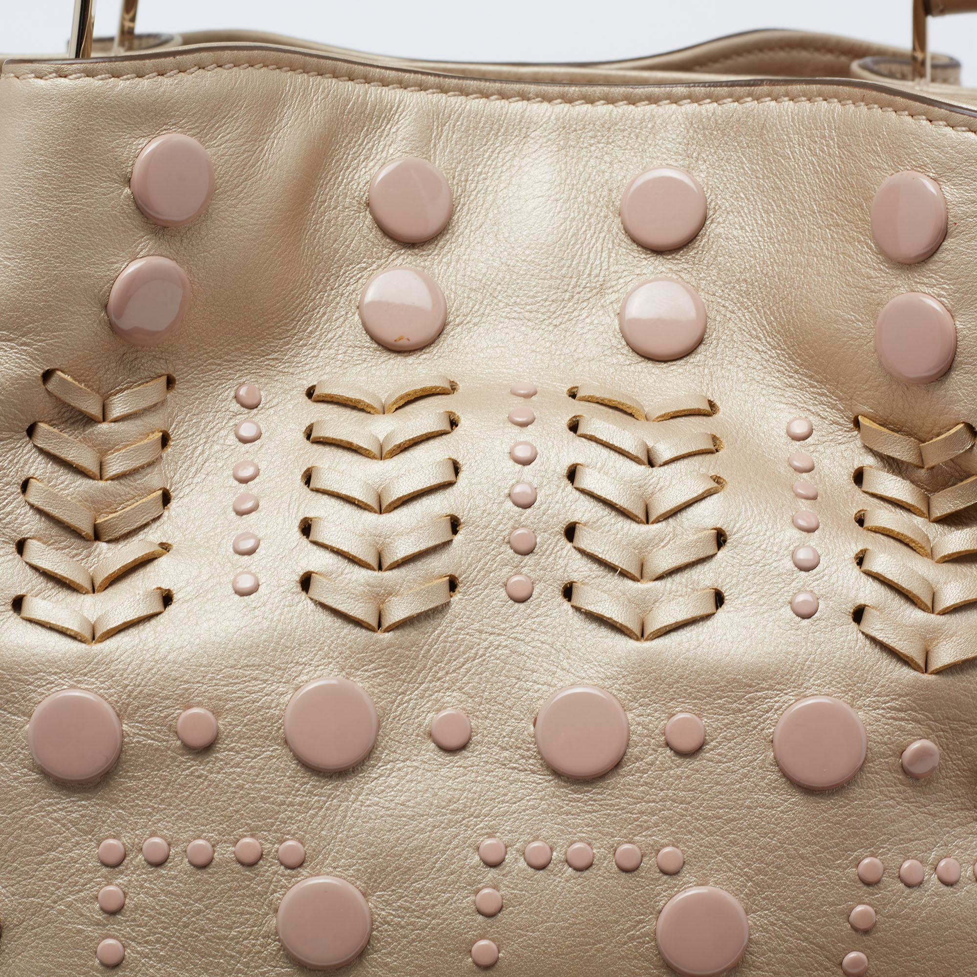 Tod's Metallic Beige Leather Studded Flower Tote